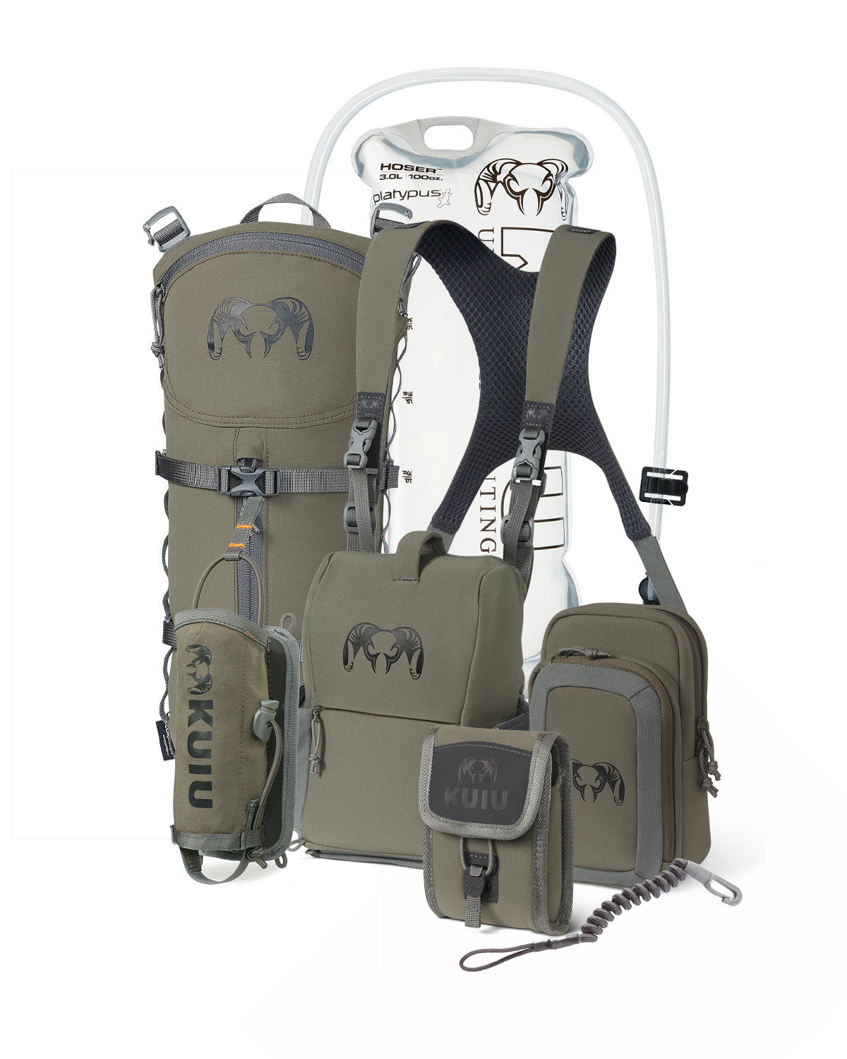 PRO G3 Bino Harness Field Ready Set in Ash, Includes: KUIU Platypus 3L Hoser, PRO G3 Bino Harness, PRO G3 Phone Holder, PRO G3 Bear Spray Holder, Rangefinder Lanyard, PRO G3 Rangefinder Holder, PRO G3 Hydration Rig
