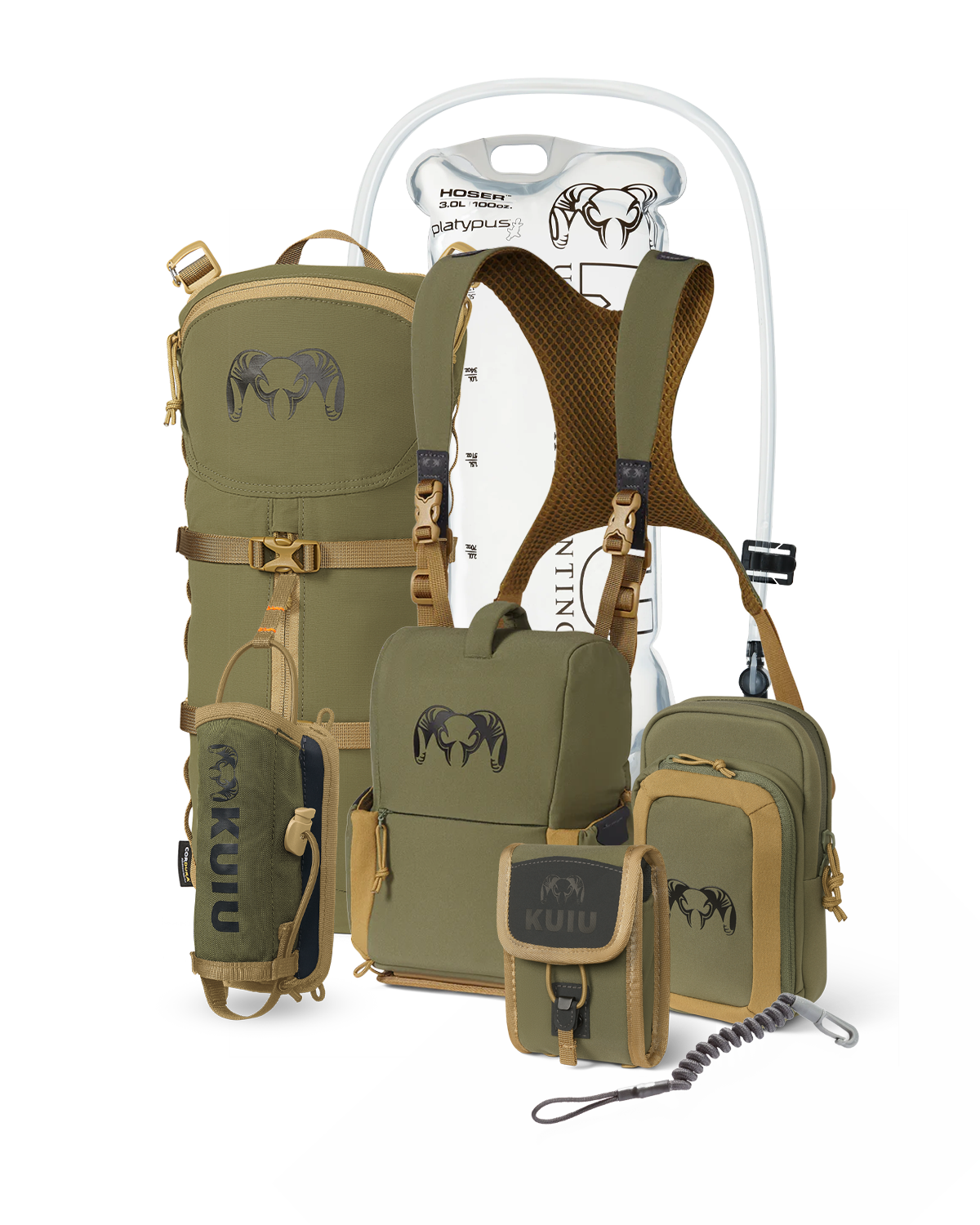 PRO G3 Bino Harness Field Ready Set in Evergreen, Includes: KUIU Platypus 3L Hoser, PRO G3 Bino Harness, PRO G3 Phone Holder, PRO G3 Bear Spray Holder, Rangefinder Lanyard, PRO G3 Rangefinder Holder, PRO G3 Hydration Rig