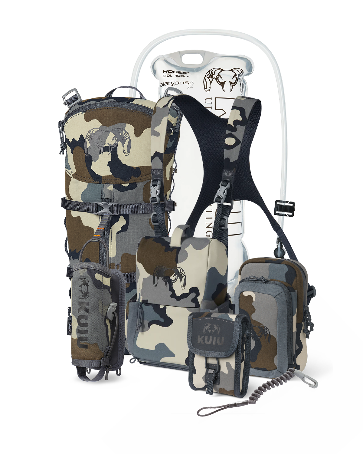 PRO G3 Bino Harness Field Ready Set in Vias Camouflage, Includes: KUIU Platypus 3L Hoser, PRO G3 Bino Harness, PRO G3 Phone Holder, PRO G3 Bear Spray Holder, Rangefinder Lanyard, PRO G3 Rangefinder Holder, PRO G3 Hydration Rig