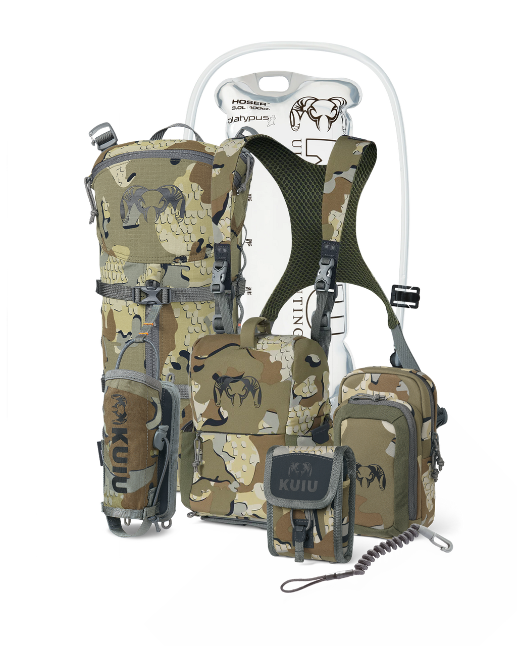 PRO G3 Bino Harness Field Ready Set in Valo Camouflage, Includes: KUIU Platypus 3L Hoser, PRO G3 Bino Harness, PRO G3 Phone Holder, PRO G3 Bear Spray Holder, Rangefinder Lanyard, PRO G3 Rangefinder Holder, PRO G3 Hydration Rig
