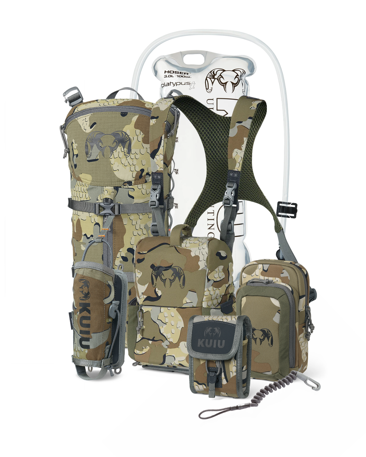 PRO G3 Bino Harness Field Ready Set in Valo Camouflage, Includes: KUIU Platypus 3L Hoser, PRO G3 Bino Harness, PRO G3 Phone Holder, PRO G3 Bear Spray Holder, Rangefinder Lanyard, PRO G3 Rangefinder Holder, PRO G3 Hydration Rig