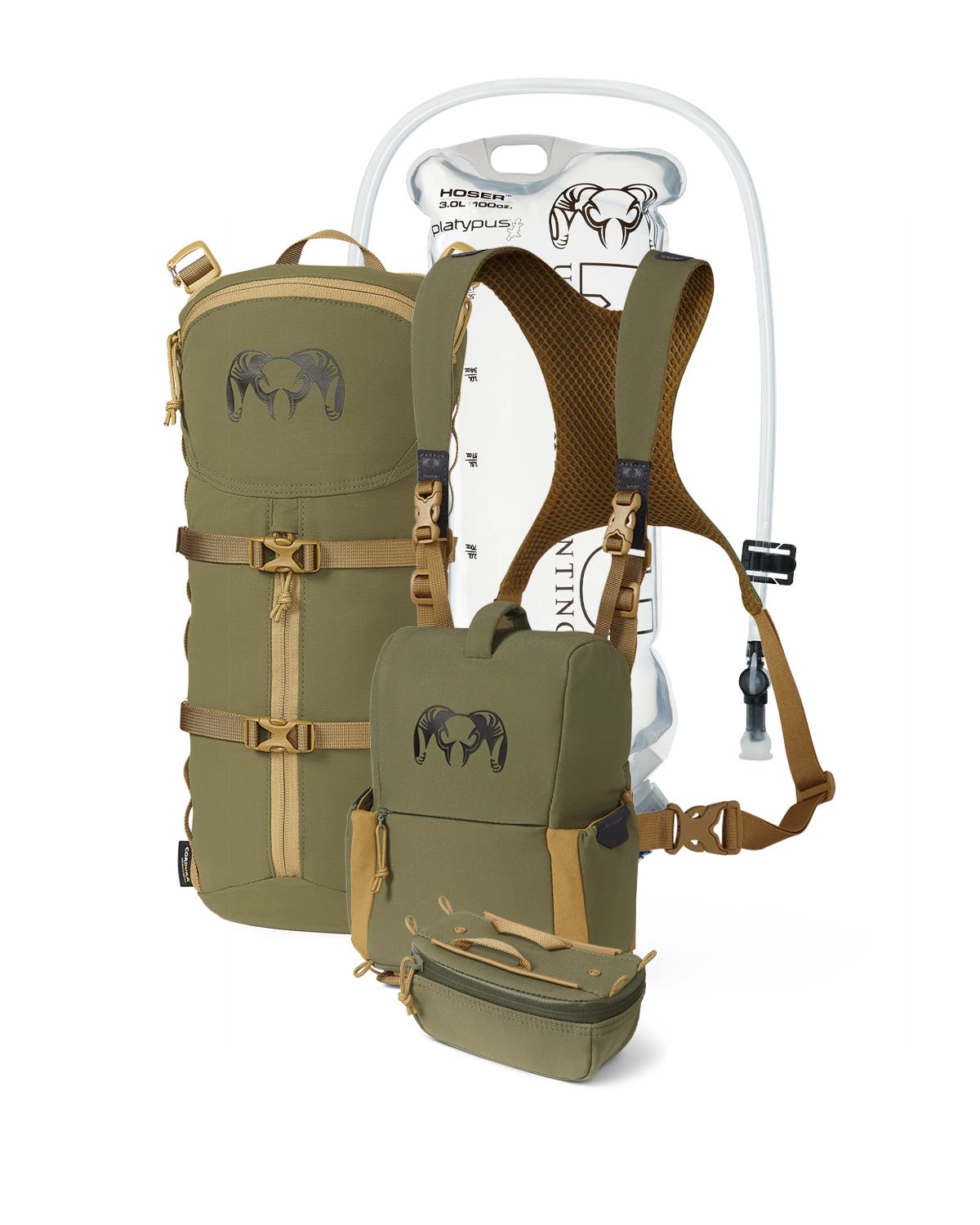 PRO G3 Bino Hydration Set in Evergreen Color, Incudes: PRO G3 Bino Harness, KUIU Platypus 3L Hoser, PRO G3 Bino Harness Accessory Pocket, PRO G3 Hydration Rig