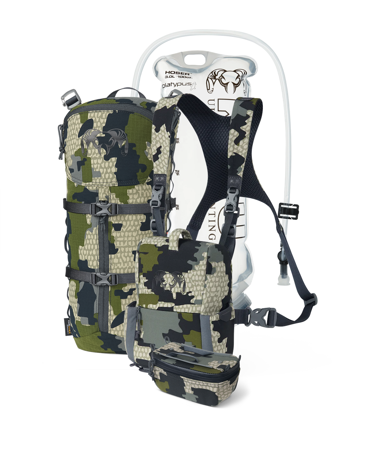 PRO G3 Bino Hydration Set in Verde Camouflage, Incudes: PRO G3 Bino Harness, KUIU Platypus 3L Hoser, PRO G3 Bino Harness Accessory Pocket, PRO G3 Hydration Rig