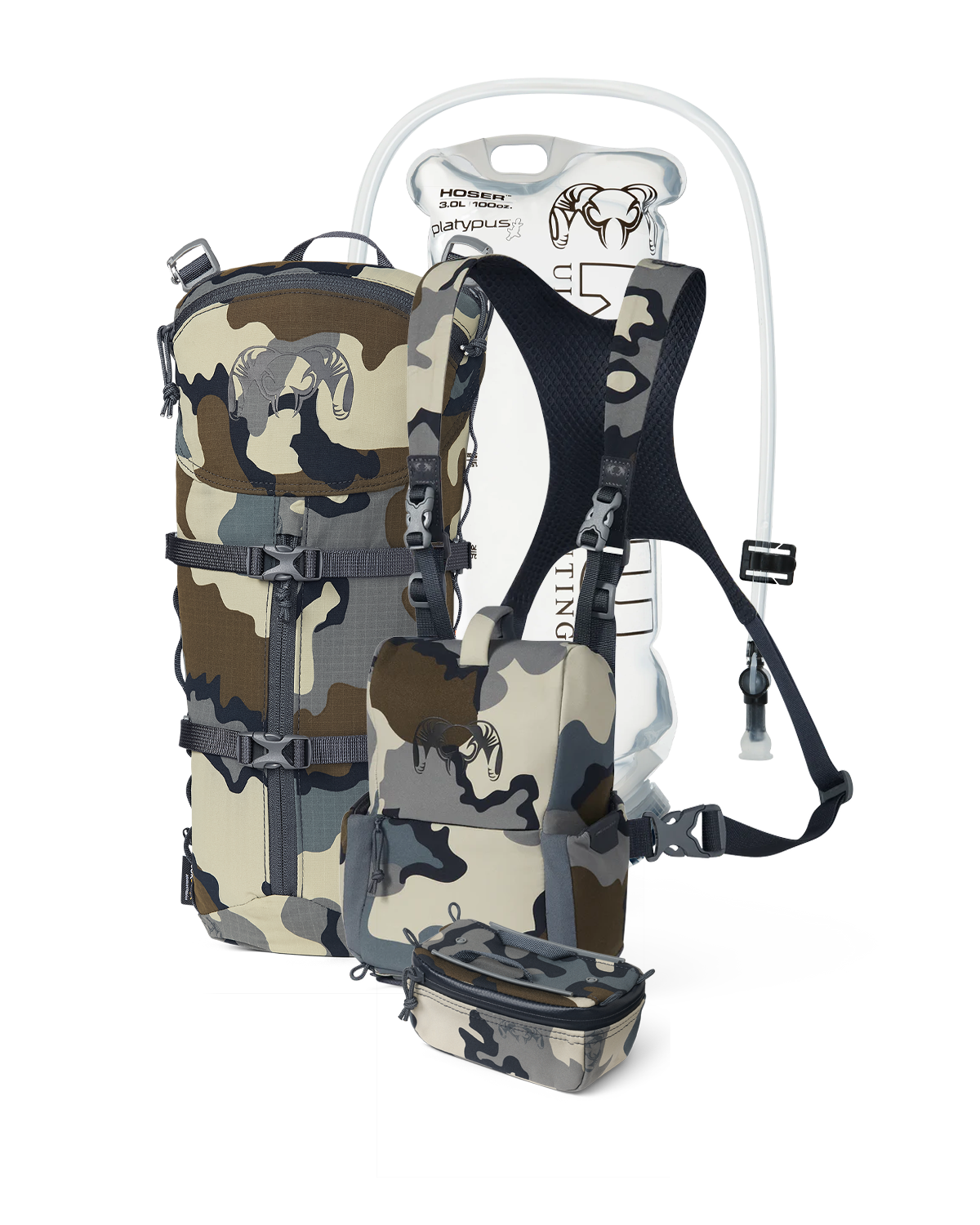 PRO G3 Bino Hydration Set in Vias Camouflage, Incudes: PRO G3 Bino Harness, KUIU Platypus 3L Hoser, PRO G3 Bino Harness Accessory Pocket, PRO G3 Hydration Rig