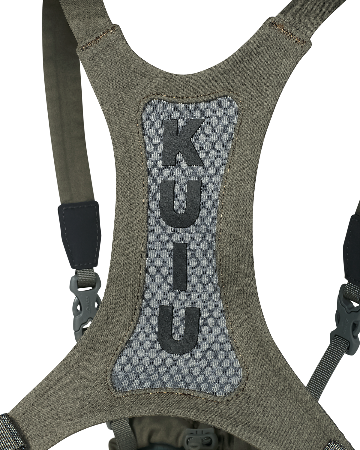 Close-up of back vented mesh back panel of the Ultralight Bino Harness in Ash Brown, Highlighting mesh and sewn in lettering of KUIU 