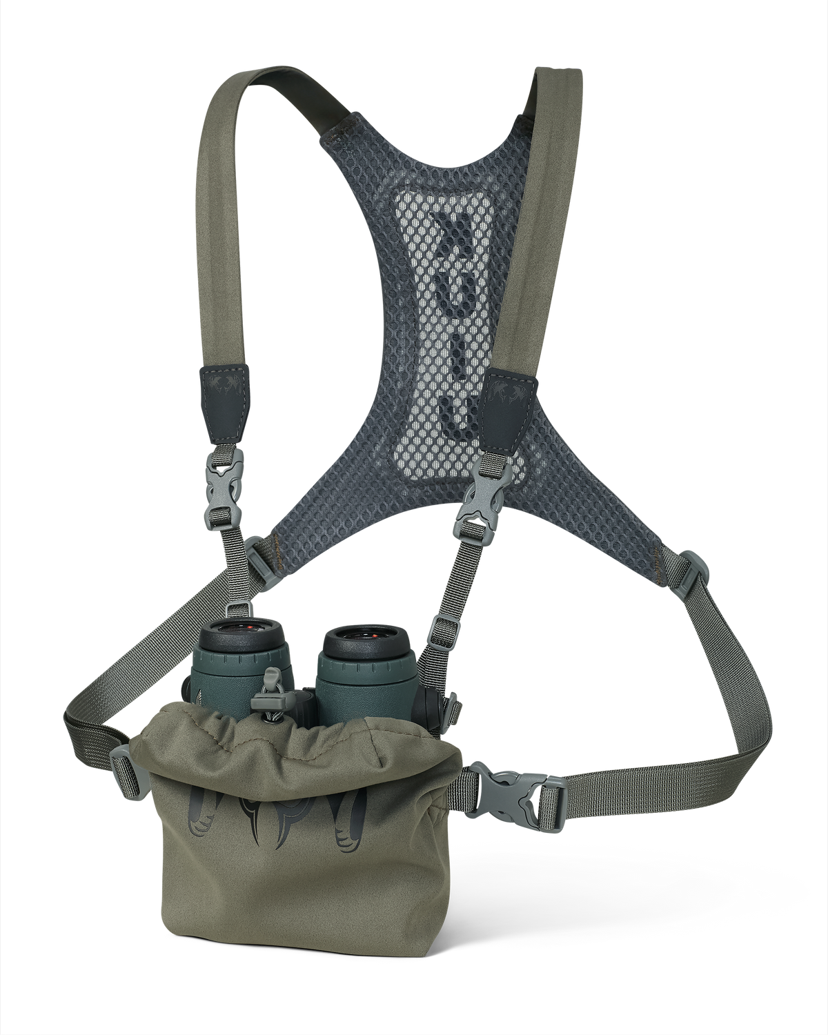 Front, Angled View of Ultralight Bino Harness in Ash Brown, Showcasing binoculars inside the pouch