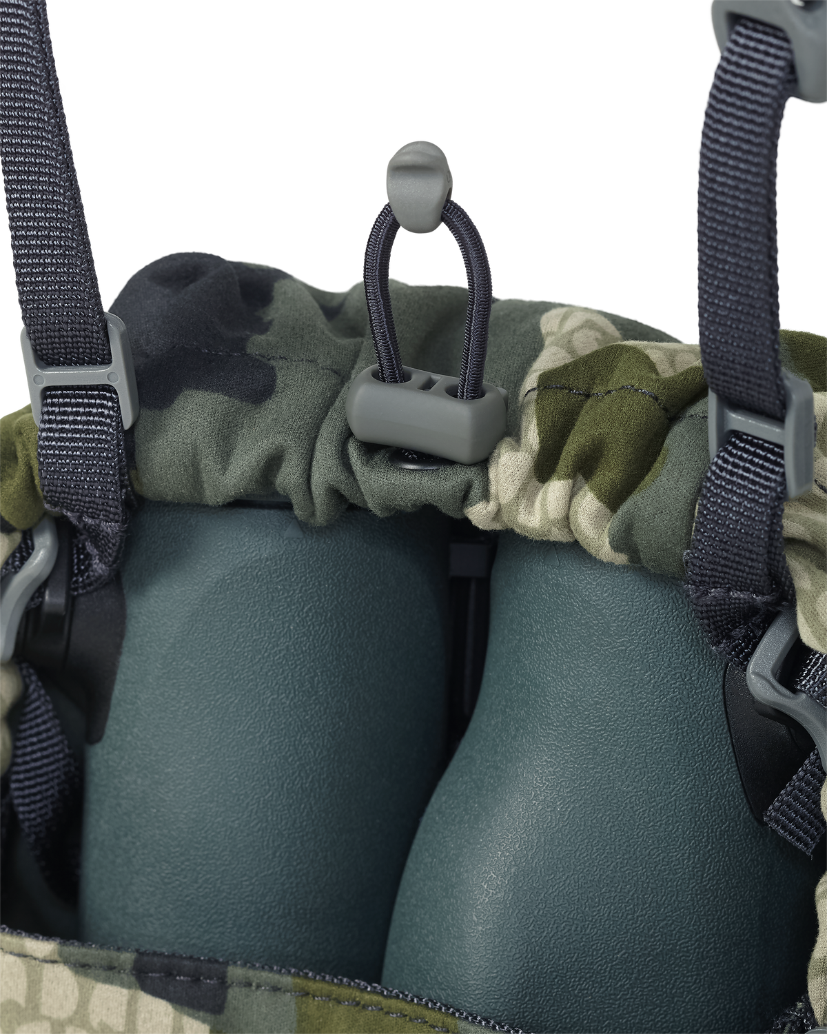 Close-up view of cord-lock adjustable pouch for secure storage on the Ultralight Bino Harness in Verde Camouflage