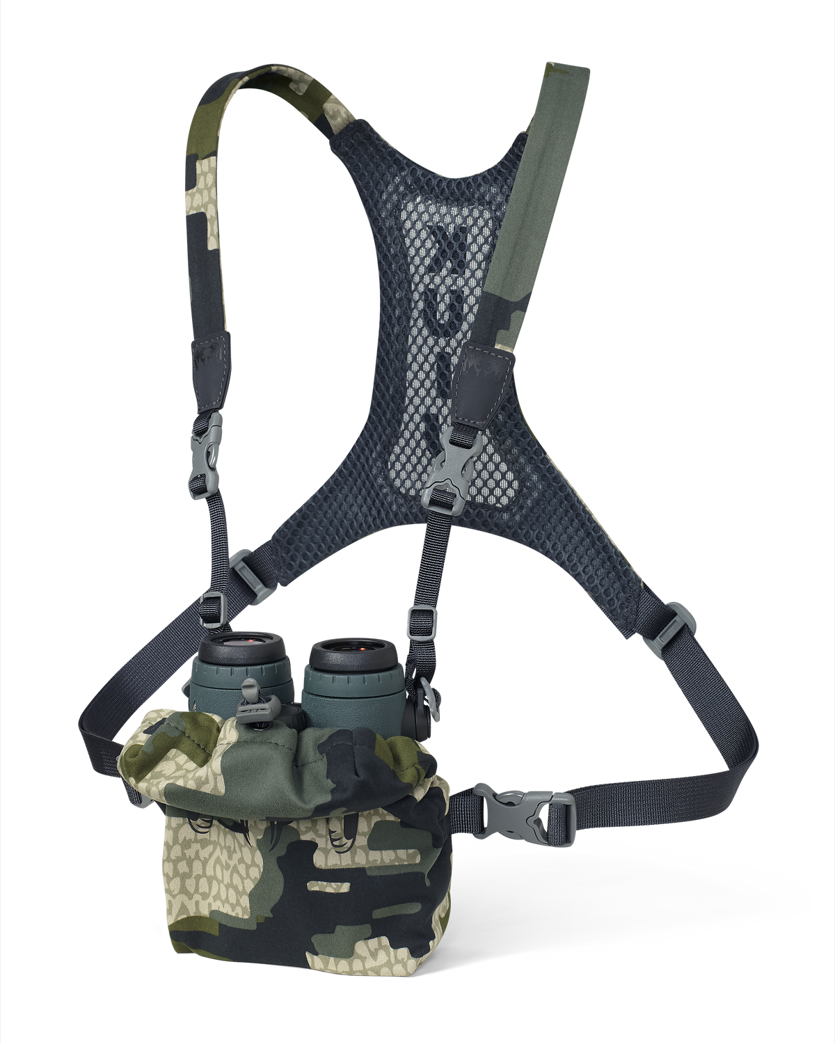 Front, Angled View of Ultralight Bino Harness in Verde Camouflage, Showcasing binoculars inside the pouch