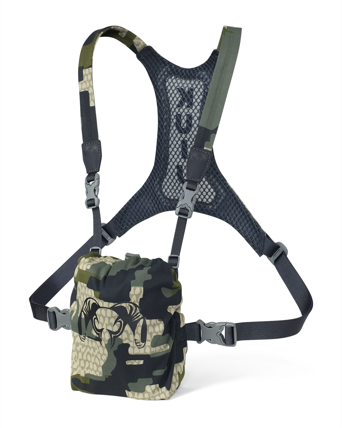 Front, Angled View of Ultralight Bino Harness in Verde Camouflage