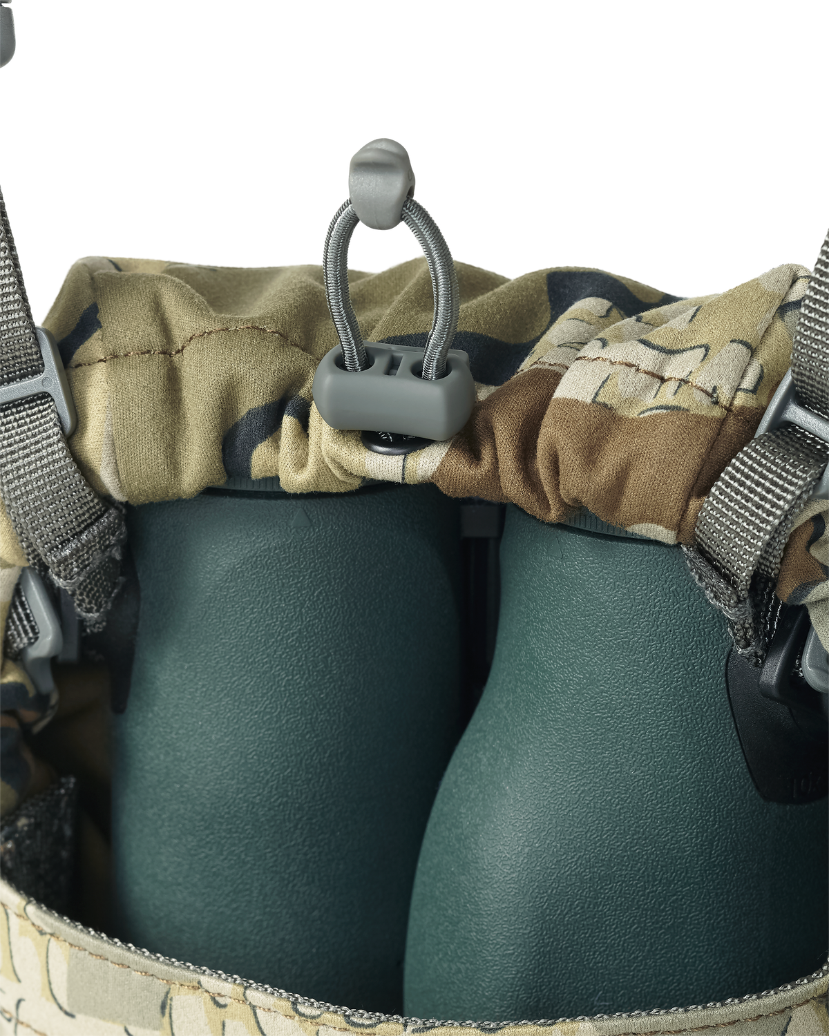 Close-up view of cord-lock adjustable pouch for secure storage on the Ultralight Bino Harness in Valo Camouflage