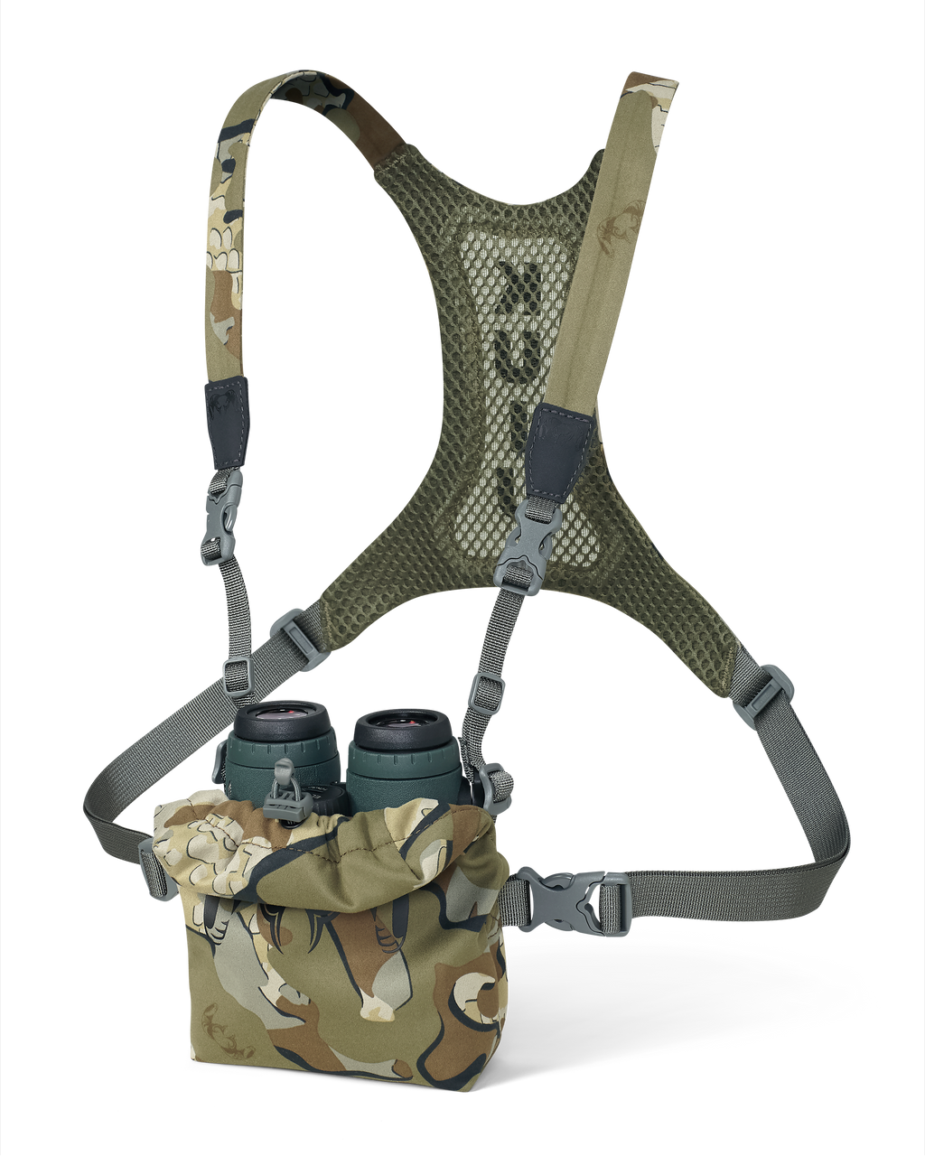 Front, Angled View of Ultralight Bino Harness in Valo Camouflage, Showcasing binoculars inside the pouch