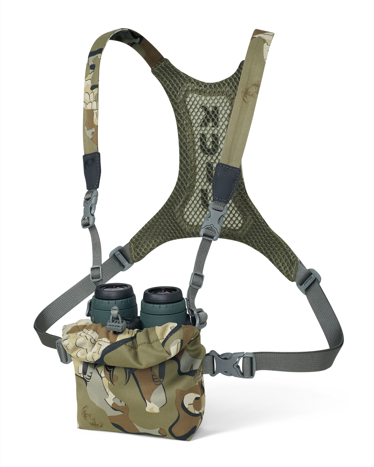 Front, Angled View of Ultralight Bino Harness in Valo Camouflage, Showcasing binoculars inside the pouch