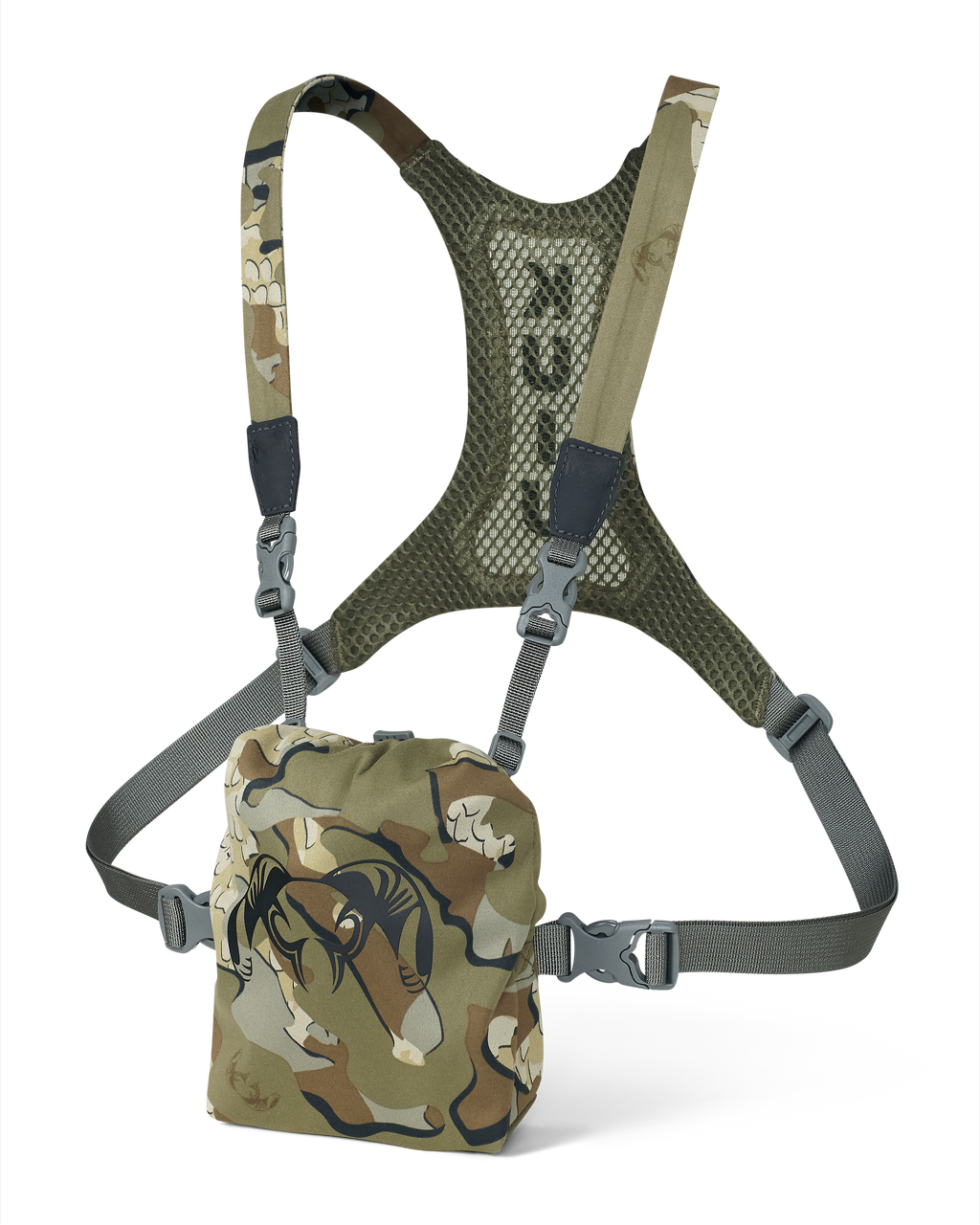Front, Angled View of Ultralight Bino Harness in Vias Camouflage