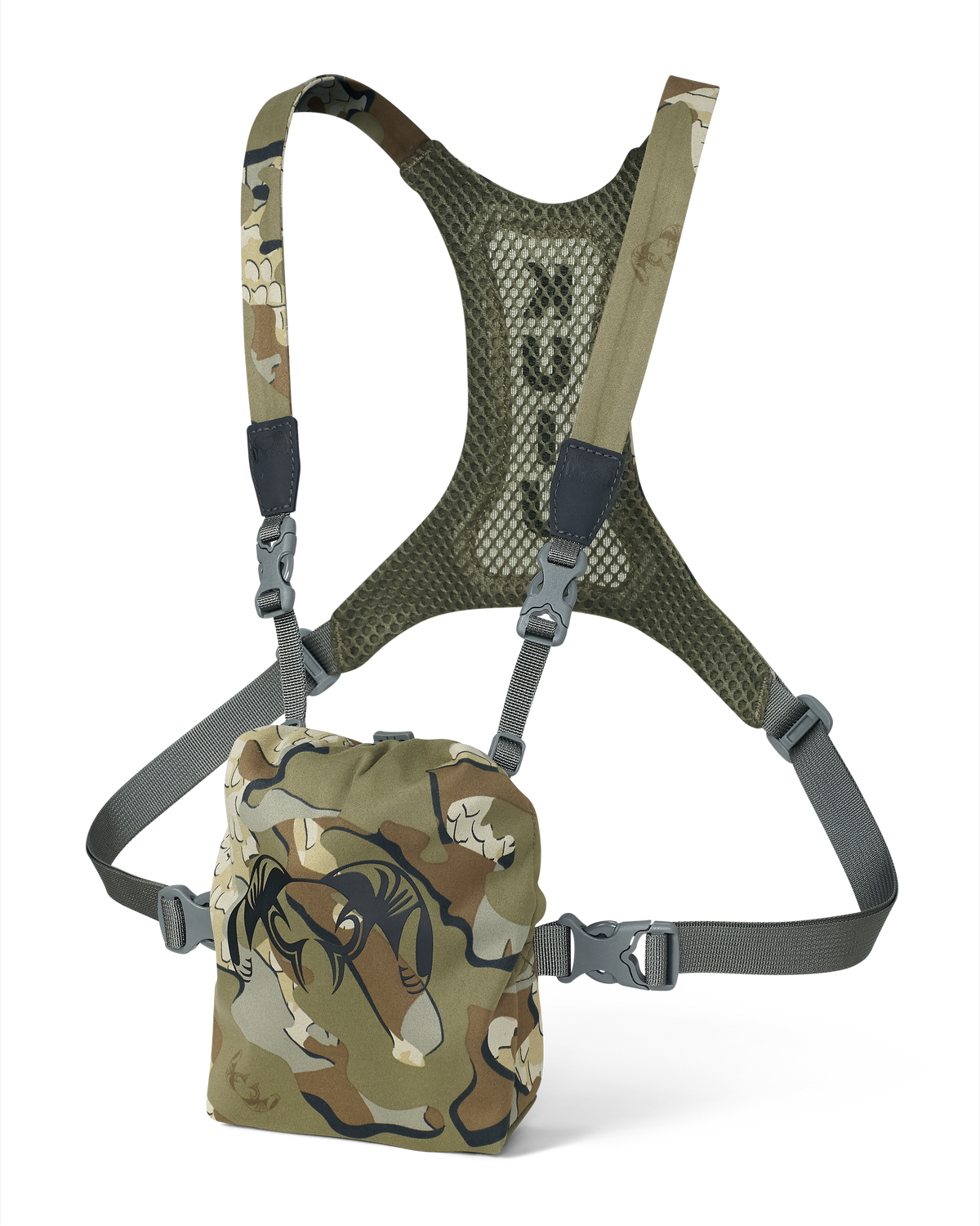 Front, Angled View of Ultralight Bino Harness in Vias Camouflage