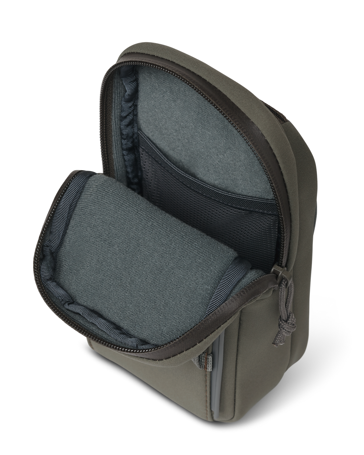 Interior of PRO G3 Phone Holder in Ash Brown, Highlighting Toray fleece-lined softshell material 
