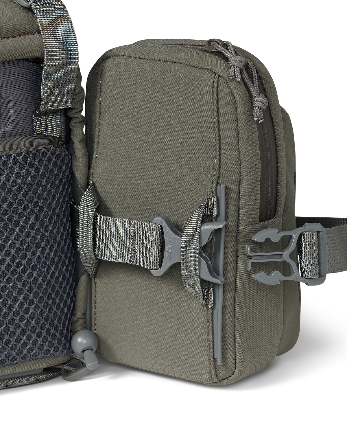 Extended quick-detach buckle on KUIU PRO G3 Bino Harness and PRO G3 Phone Holder in Ash Brown with Rail-Lock connection system