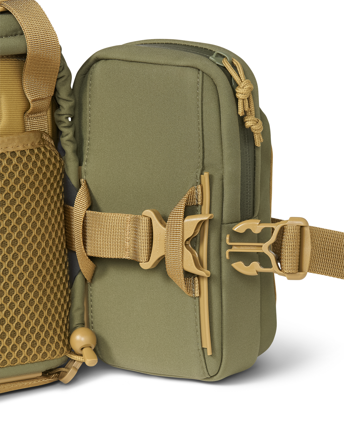 Extended quick-detach buckle on KUIU PRO G3 Bino Harness and PRO G3 Phone Holder in Evergreen with Rail-Lock connection system