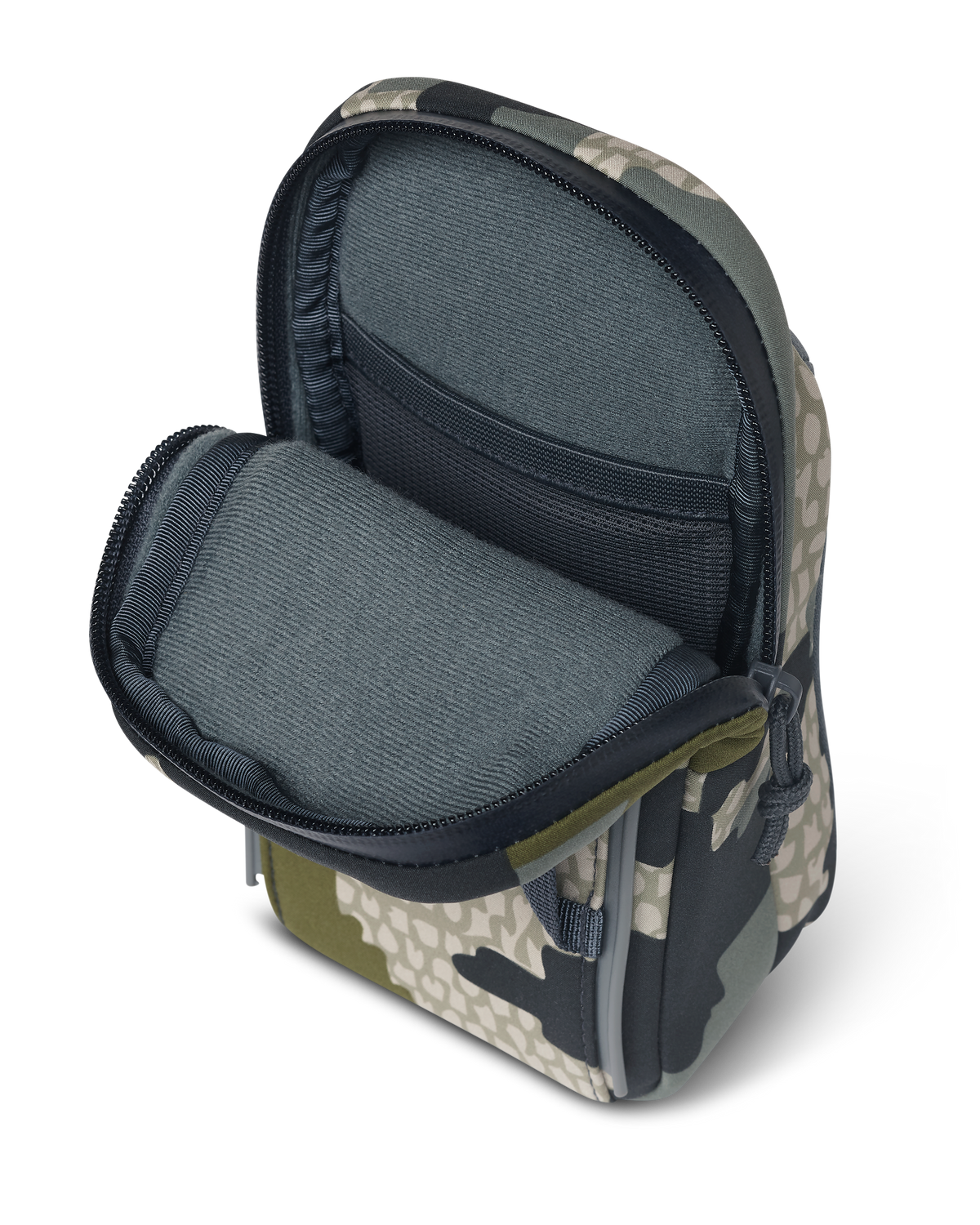 Interior of PRO G3 Phone Holder in Verde Camouflage, Highlighting Toray fleece-lined softshell material