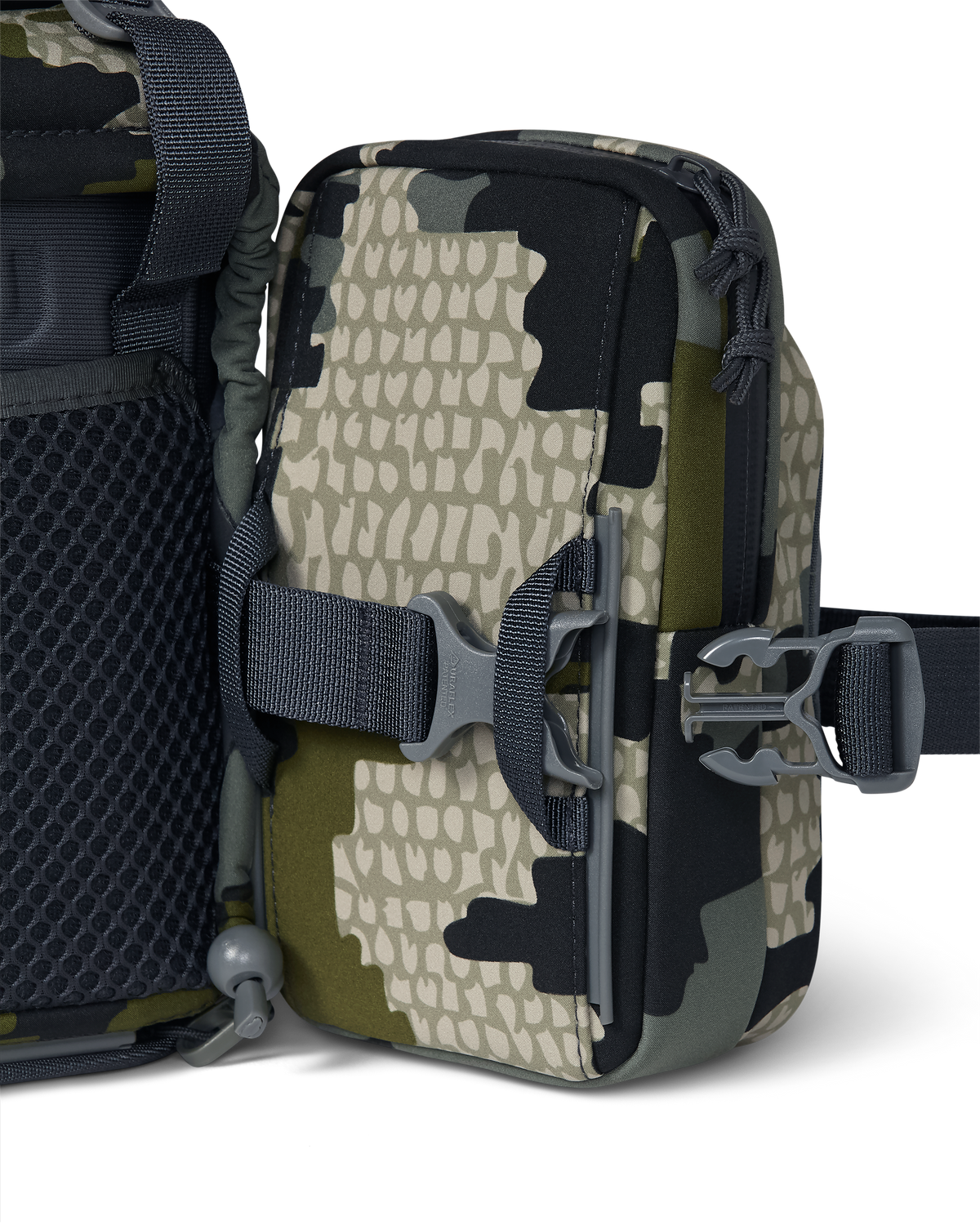 Extended quick-detach buckle on KUIU PRO G3 Bino Harness and PRO G3 Phone Holder in Verde Camouflage with Rail-Lock connection system