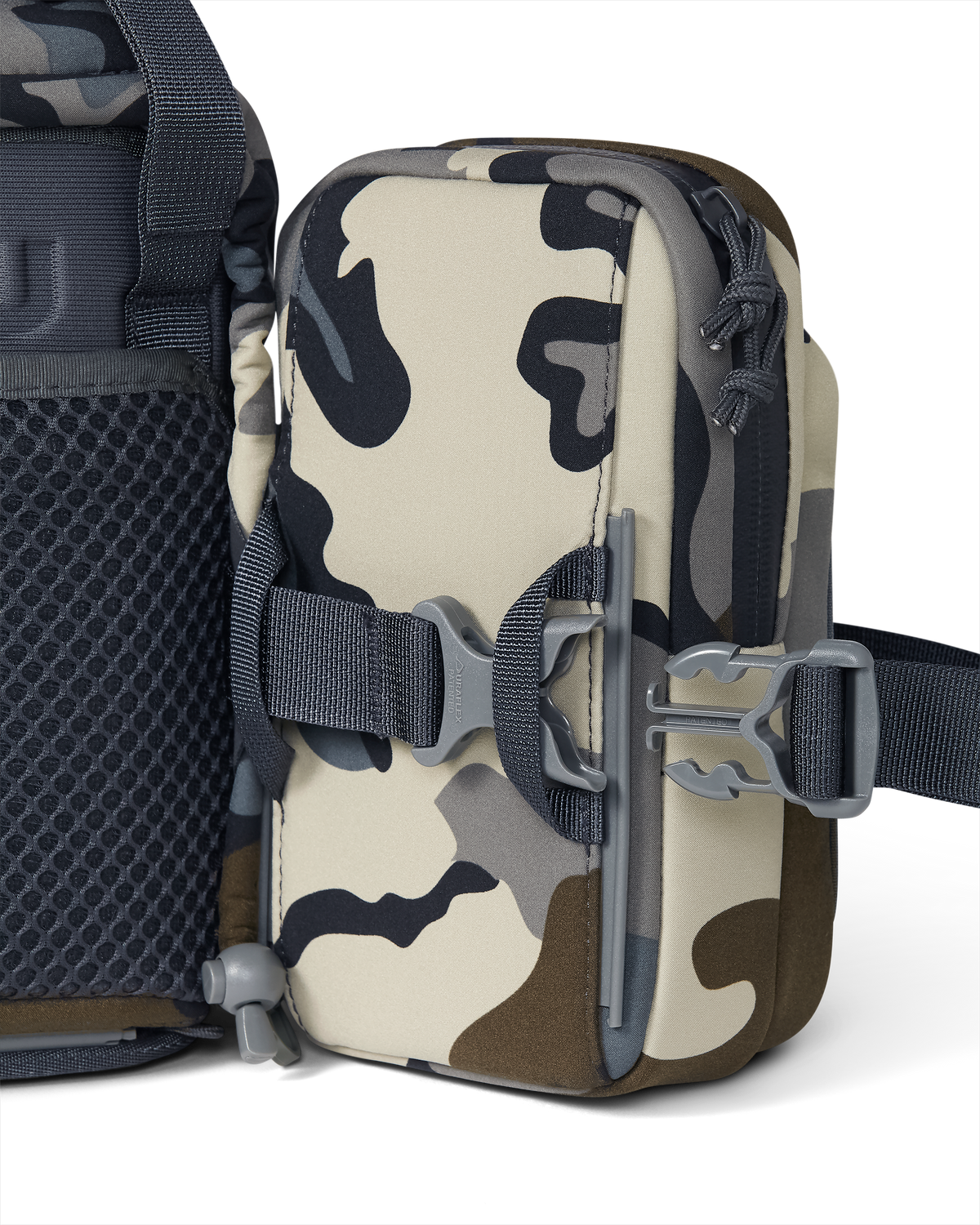 Extended quick-detach buckle on KUIU PRO G3 Bino Harness and PRO G3 Phone Holder in Vias Camouflage with Rail-Lock connection system