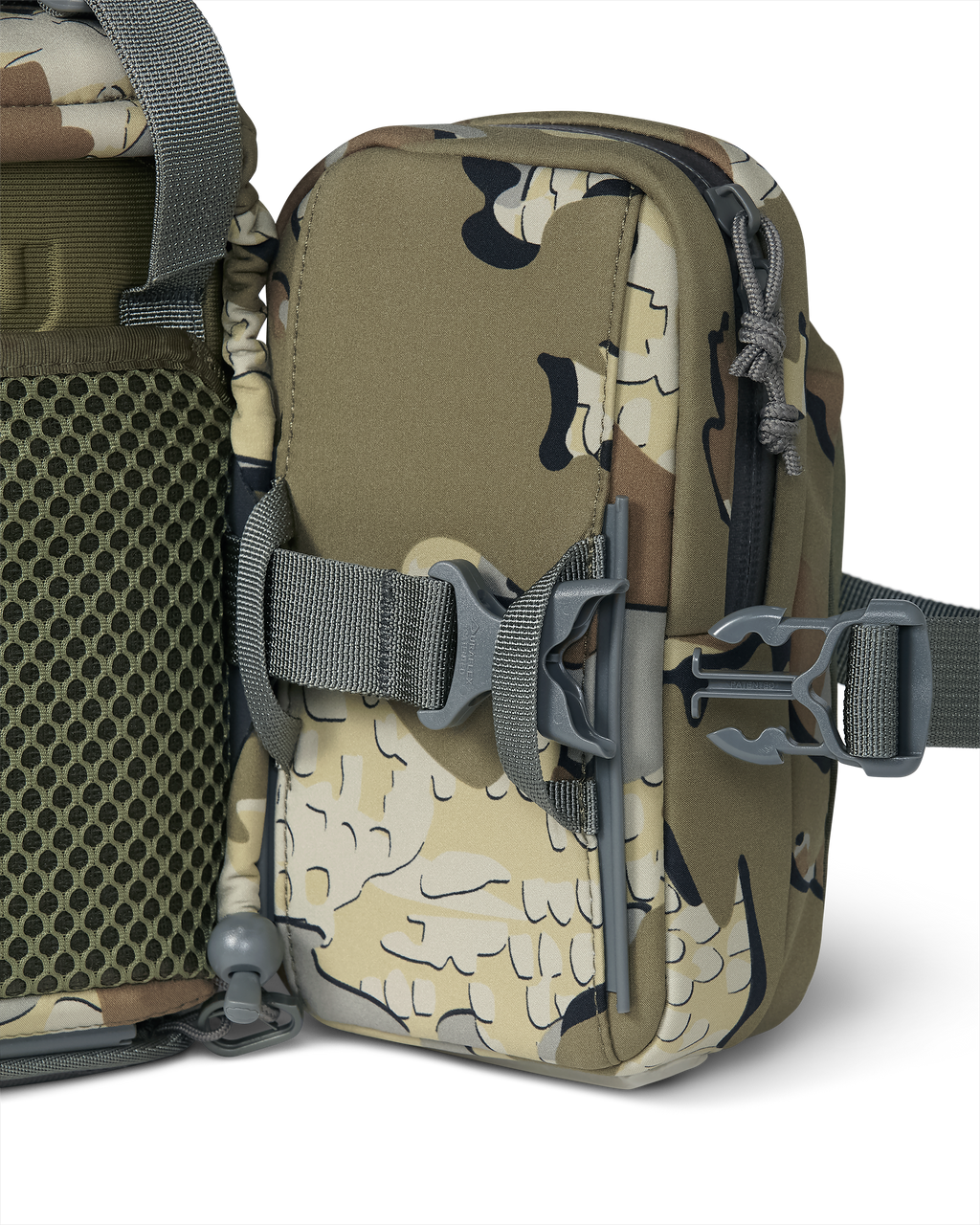 Extended quick-detach buckle on KUIU PRO G3 Bino Harness and PRO G3 Phone Holder in Valo Camouflage with Rail-Lock connection system