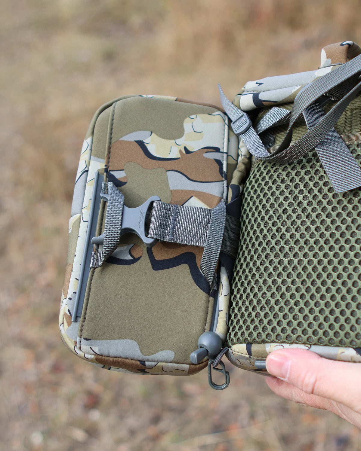 Back of PRO G3 Phone Holder in Valo Camouflage, Highlighting webbing loops and belt attachment