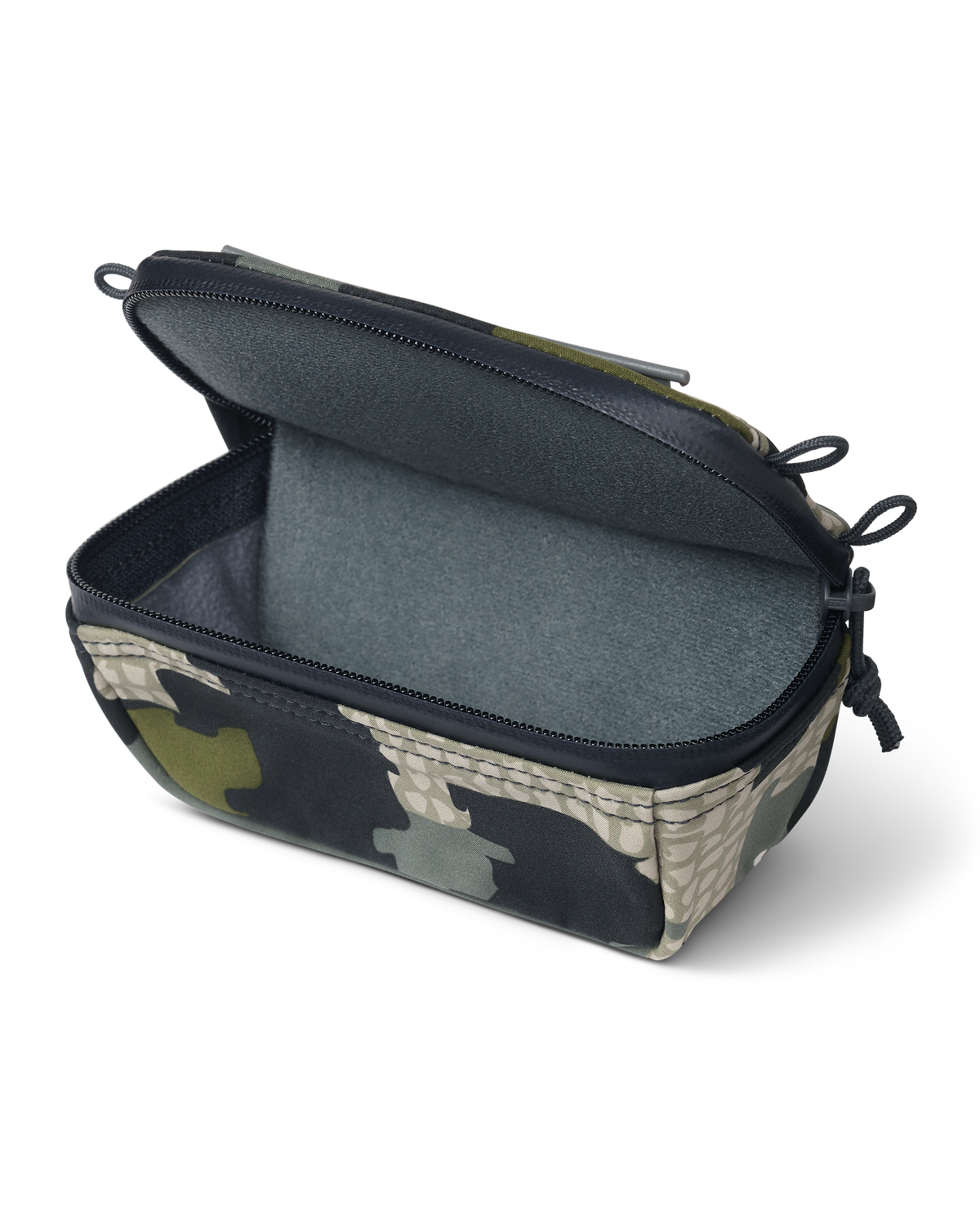 Front of PRO G3 Bino Harness Accessory Pocket in Verde Camouflage color, Highlighting open lid