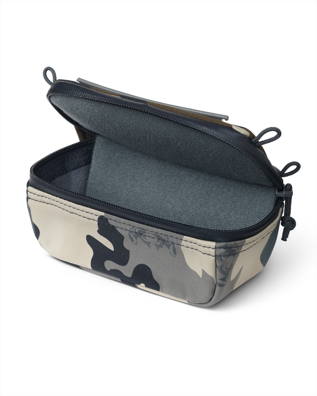 Front of PRO G3 Bino Harness Accessory Pocket in Vias Camouflage color, Highlighting open lid