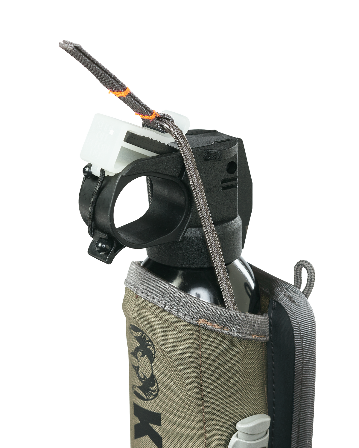 Close-up of PRO G3 Bear Spray Holder with bear spray canister securely fasten inside utilizing 10mm pull tab