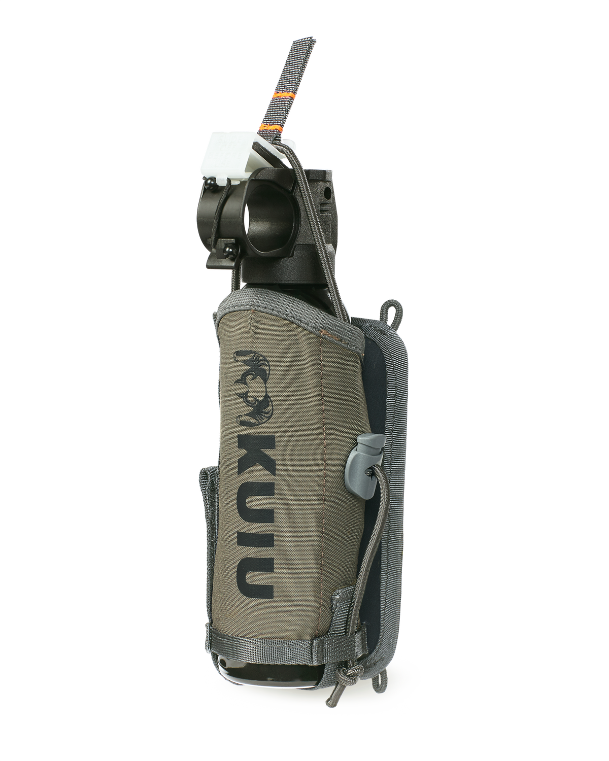 Front of PRO G3 Bear Spray Holder in Ash Brown with Bear Spray Canister securely fasten inside