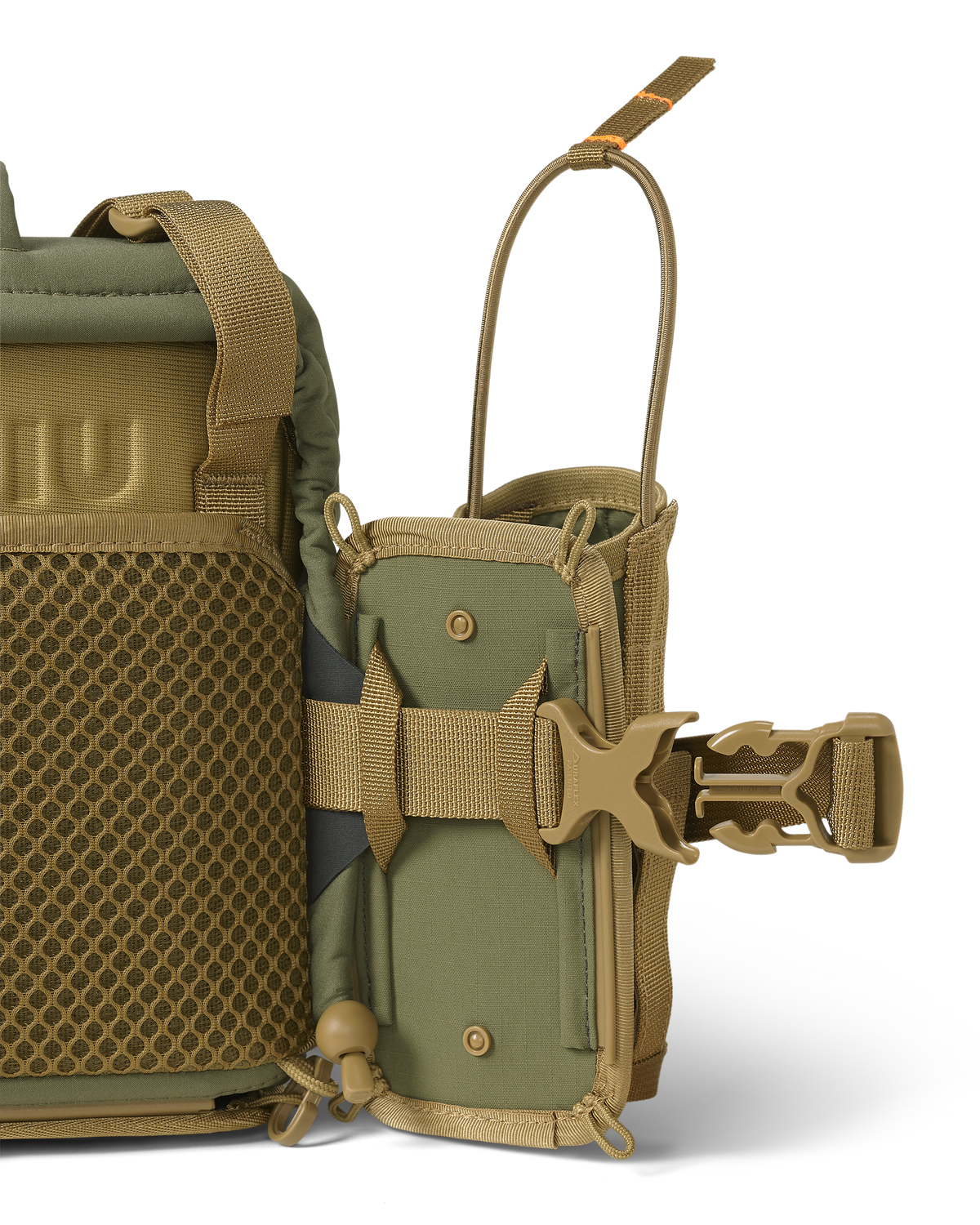 Extended quick-detach buckle on KUIU PRO G3 Bino Harness and PRO G3 Bear Spray Holder in Evergreen with Rail-Lock connection system