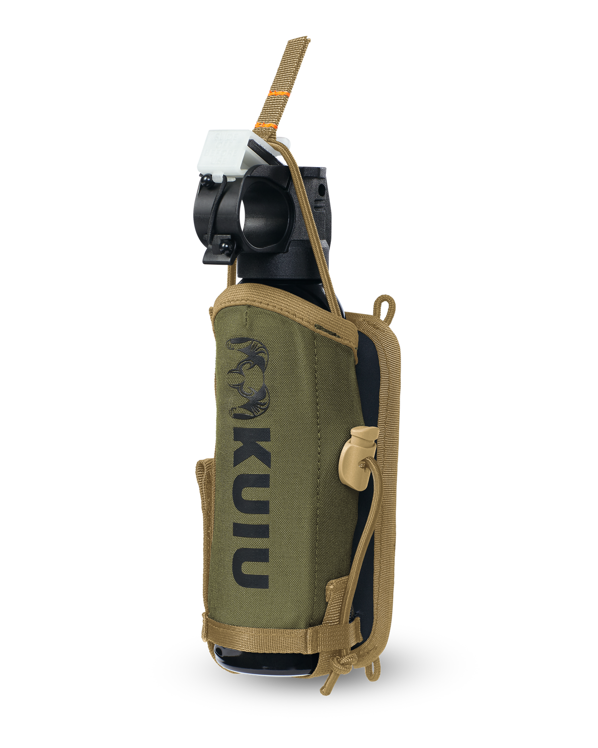 Front of PRO G3 Bear Spray Holder in Evergreen with bear spray canister securely fasten with 10mm pull tab