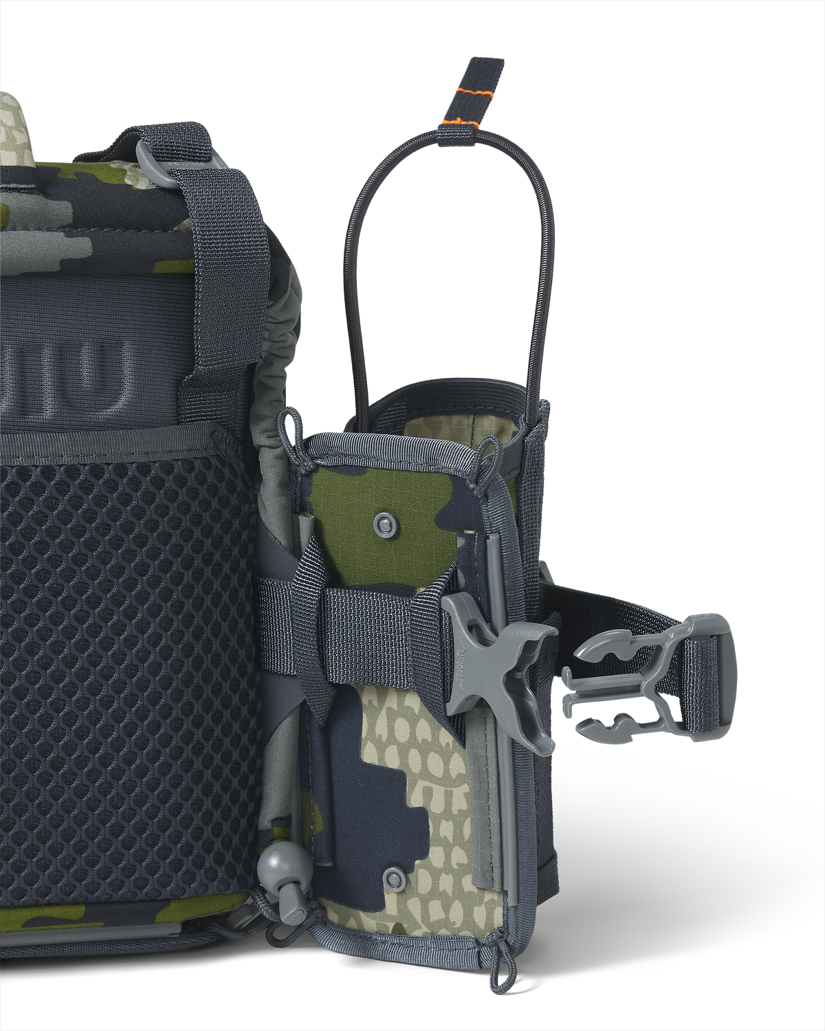 Extended quick-detach buckle on KUIU PRO G3 Bino Harness and PRO G3 Bear Spray Holder in Verde Camouflage with Rail-Lock connection system