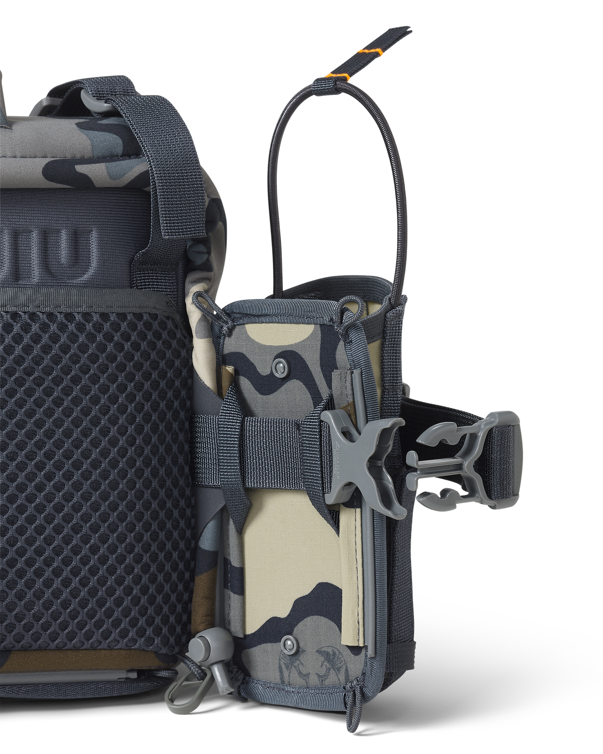 Extended quick-detach buckle on KUIU PRO G3 Bino Harness and PRO G3 Bear Spray Holder in Vias Camouflage with Rail-Lock connection system