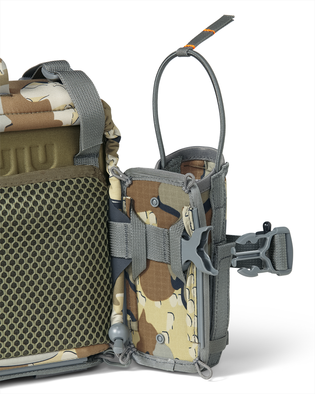Extended quick-detach buckle on KUIU PRO G3 Bino Harness and PRO G3 Bear Spray Holder in Valo Camouflage with Rail-Lock connection system