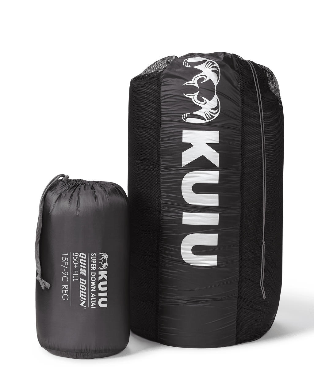 The filled storage bag size and the filled compression stuff sack size in comparison to each other for the Super Down Altai 15 degree sleeping bag
