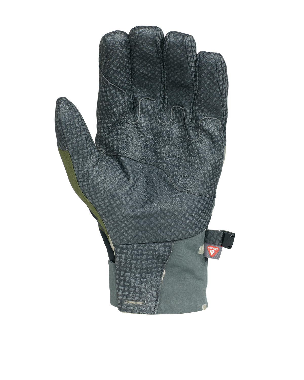 Palm View of Yukon Pro Gloves in Verde Camouflage Highlighting Pittard's Oil Tac Leather