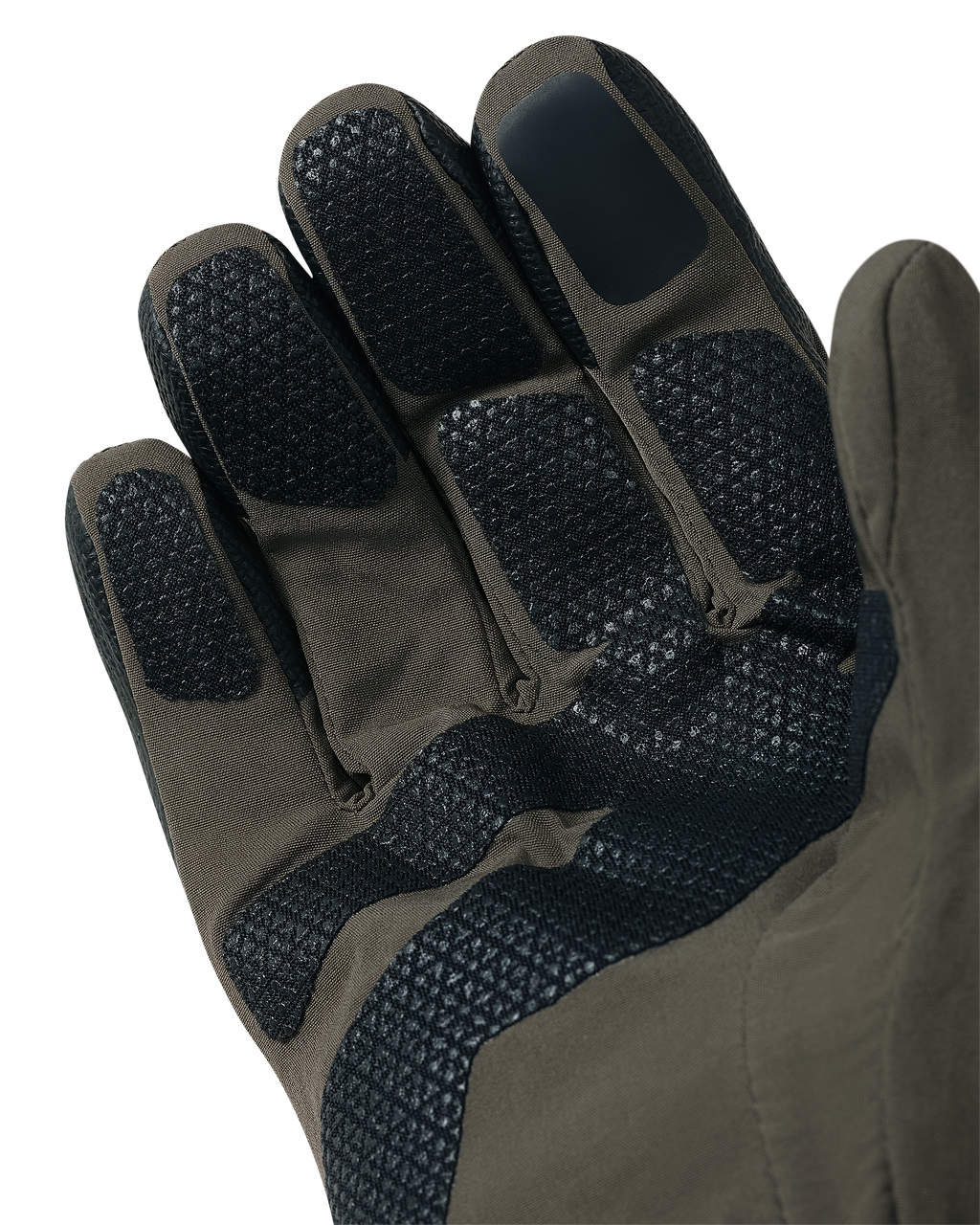 A close-up of a Yukon Hard Shell Gloves in Ash, single glove shown of inner grip panels on the fingers and palm of the hand.