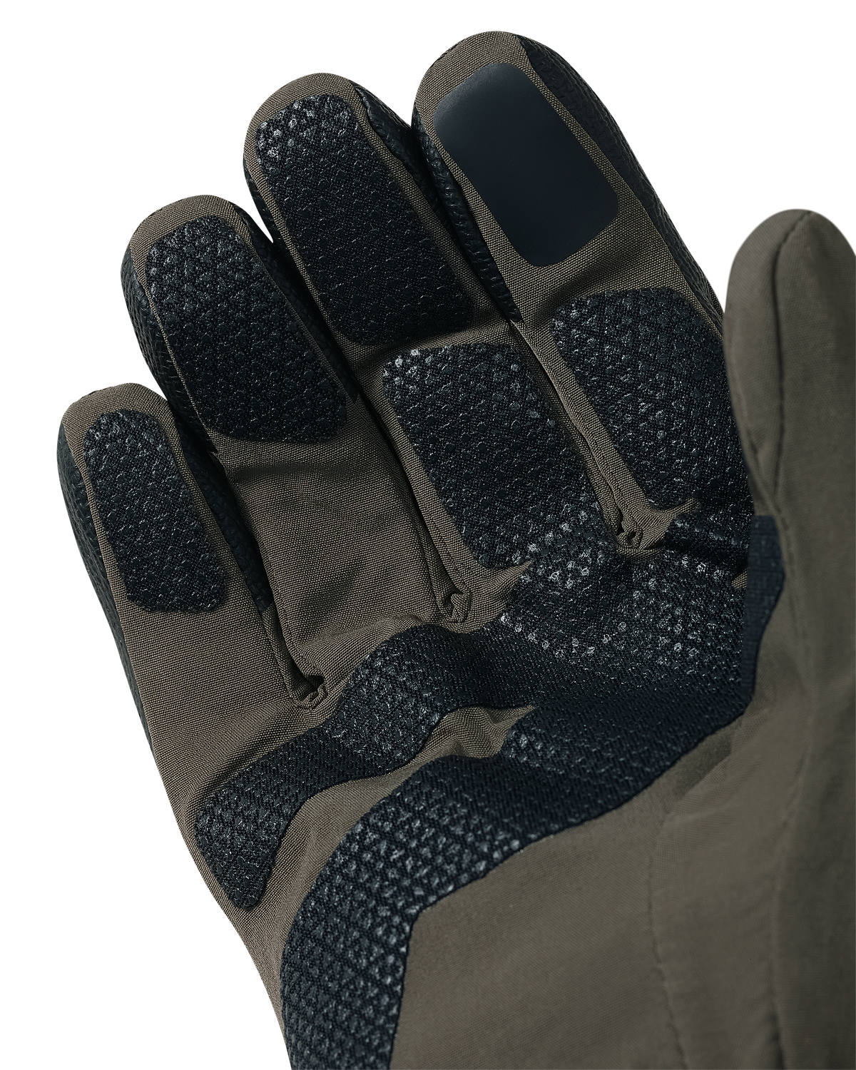A close-up of a Yukon Hard Shell Gloves in Ash, single glove shown of inner grip panels on the fingers and palm of the hand.