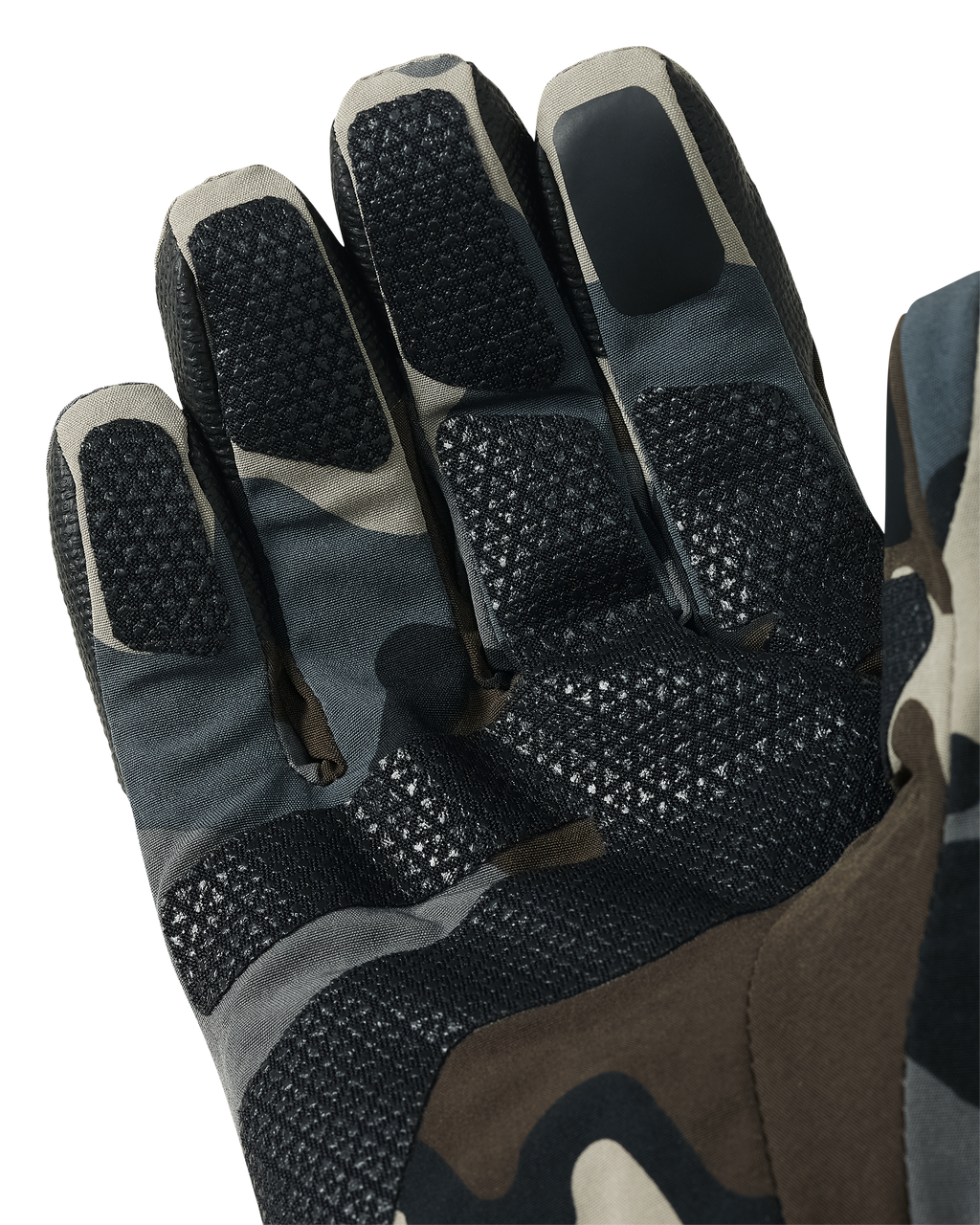 A close-up of a Yukon Hard Shell Gloves in Vias camouflage, single glove shown of inner grip panels on the fingers and palm of the hand.