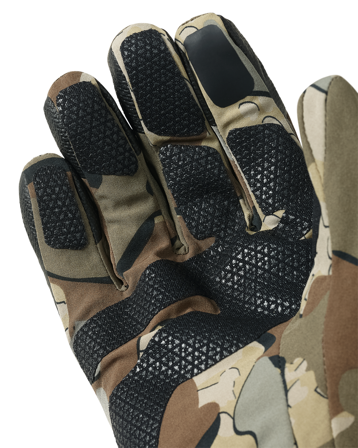 A close-up of a Yukon Hard Shell Gloves in Valo camouflage, single glove shown of inner grip panels on the fingers and palm of the hand.