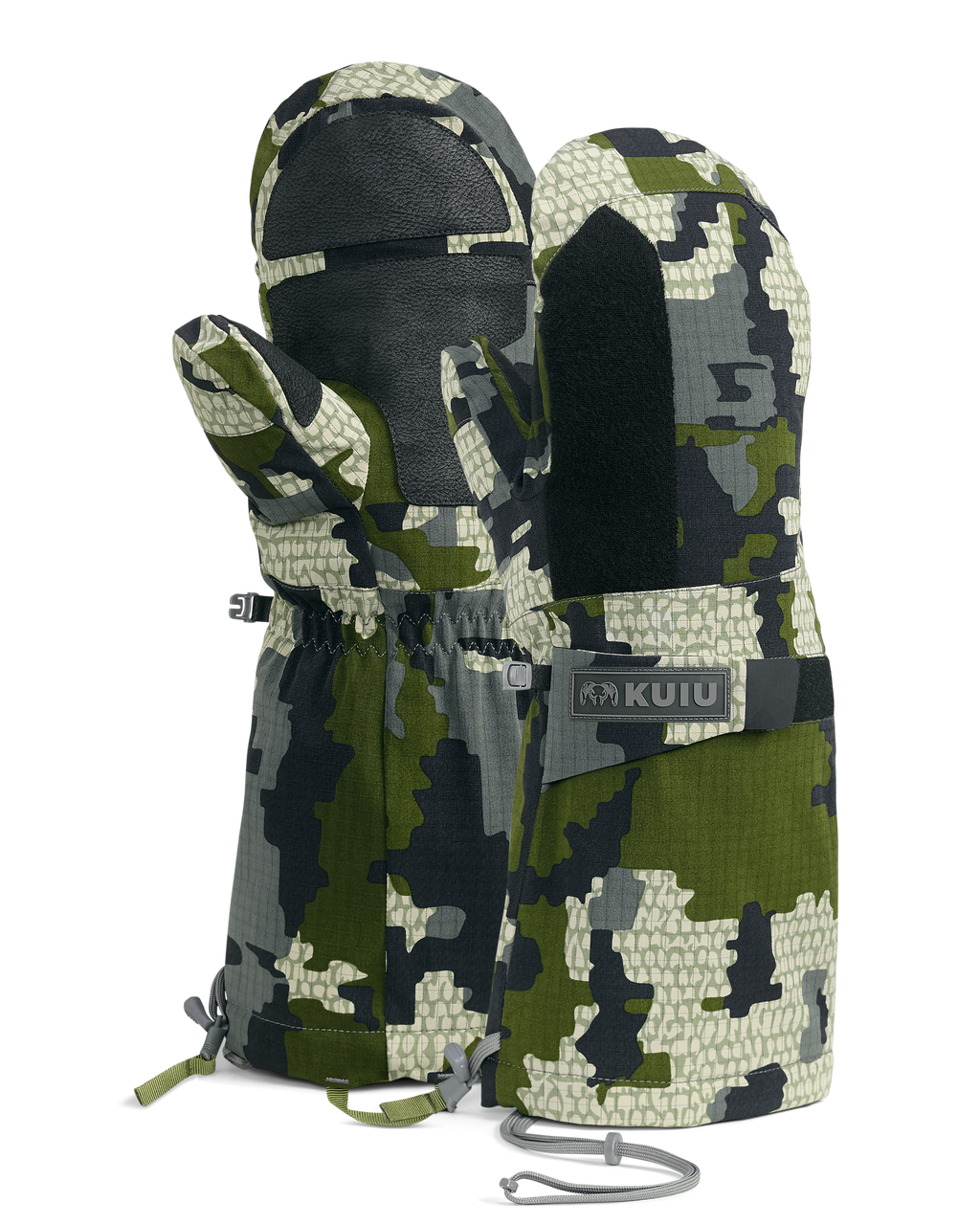 A pair of Super Down Arktuk in Verde Camouflage with one glove showing the palm and the other showing the back side