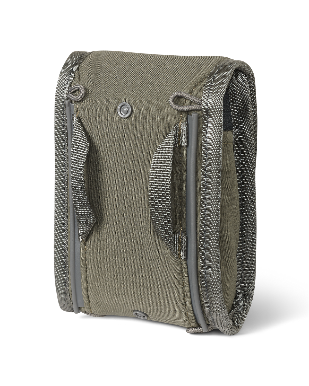Back of PRO G3 Rangefinder Holder in Ash Brown, Highlighting webbing loops and lanyard connection loops