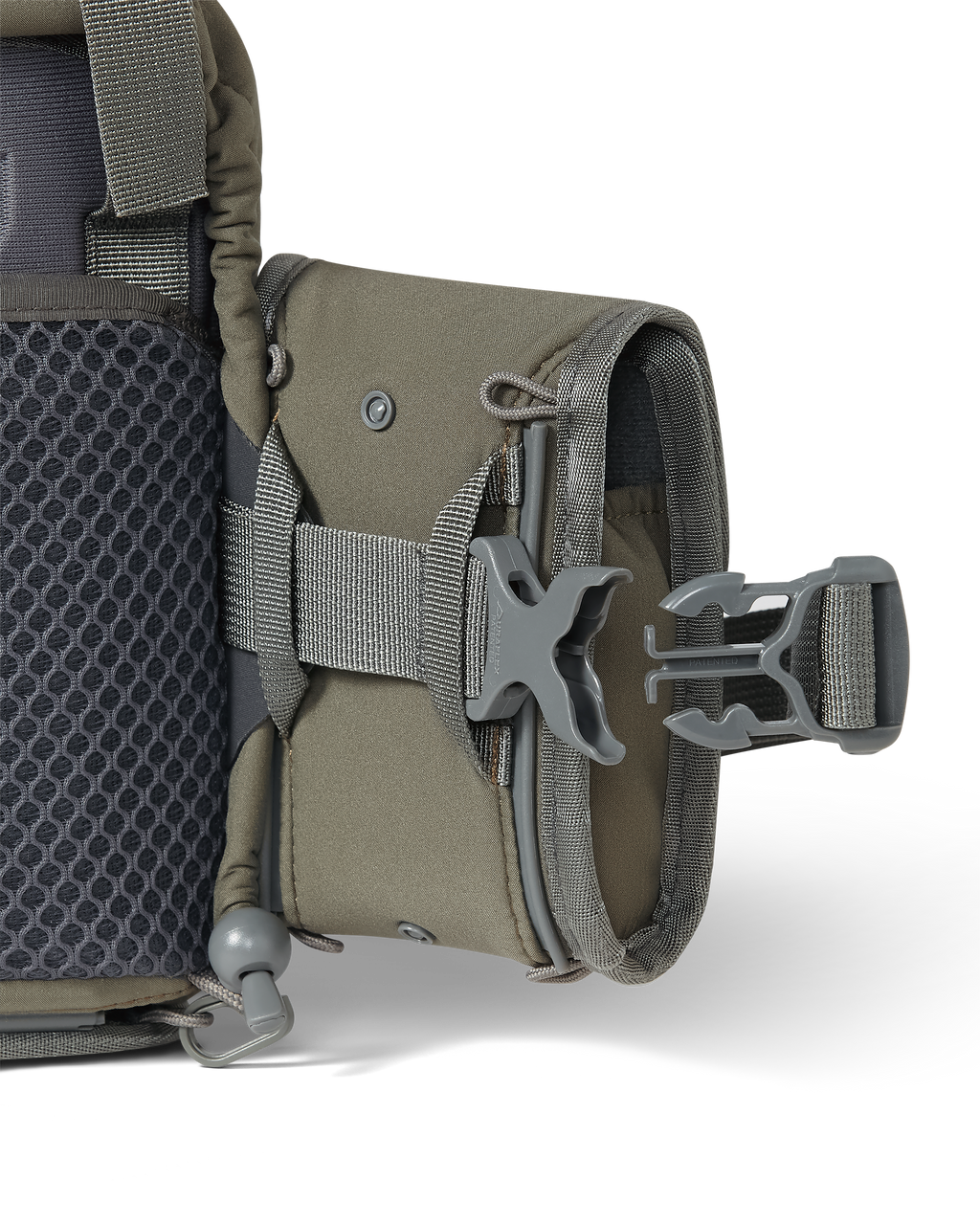 Extended quick-detach buckle on KUIU PRO G3 Bino Harness and Rangefinder Holder in Ash Brown with Rail-Lock connection system