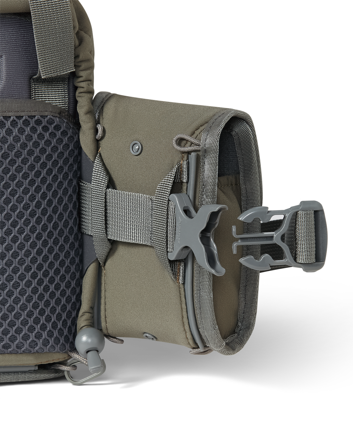 Extended quick-detach buckle on KUIU PRO G3 Bino Harness and Rangefinder Holder in Ash Brown with Rail-Lock connection system