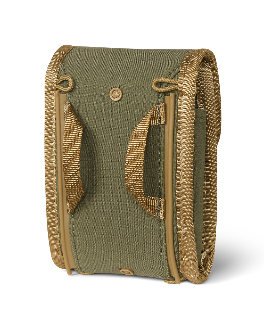 Back of PRO G3 Rangefinder Holder in Evergreen, Highlighting webbing loops and lanyard connection loops