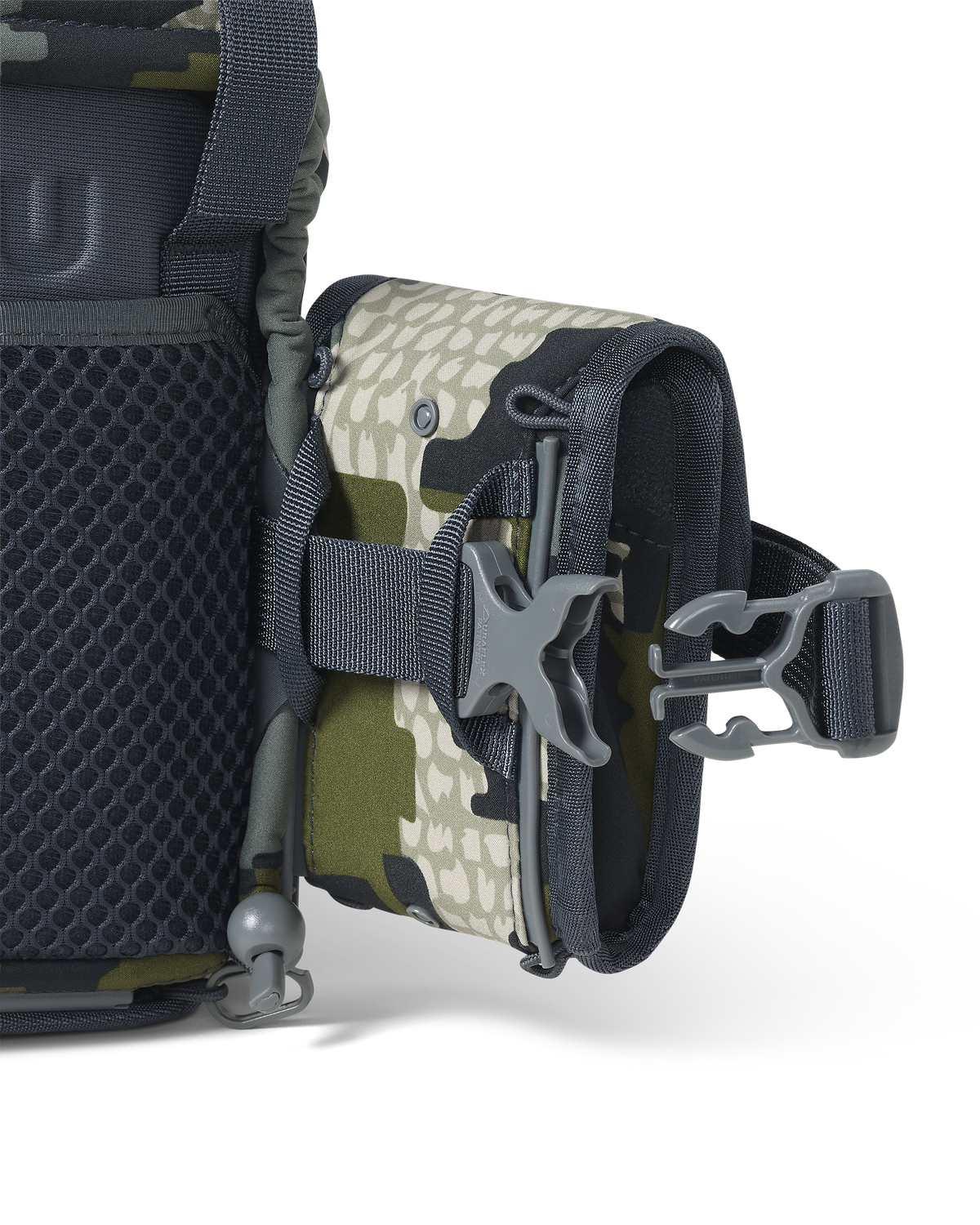 Extended quick-detach buckle on KUIU PRO G3 Bino Harness and Rangefinder Holder in Verde Camouflage with Rail-Lock connection system