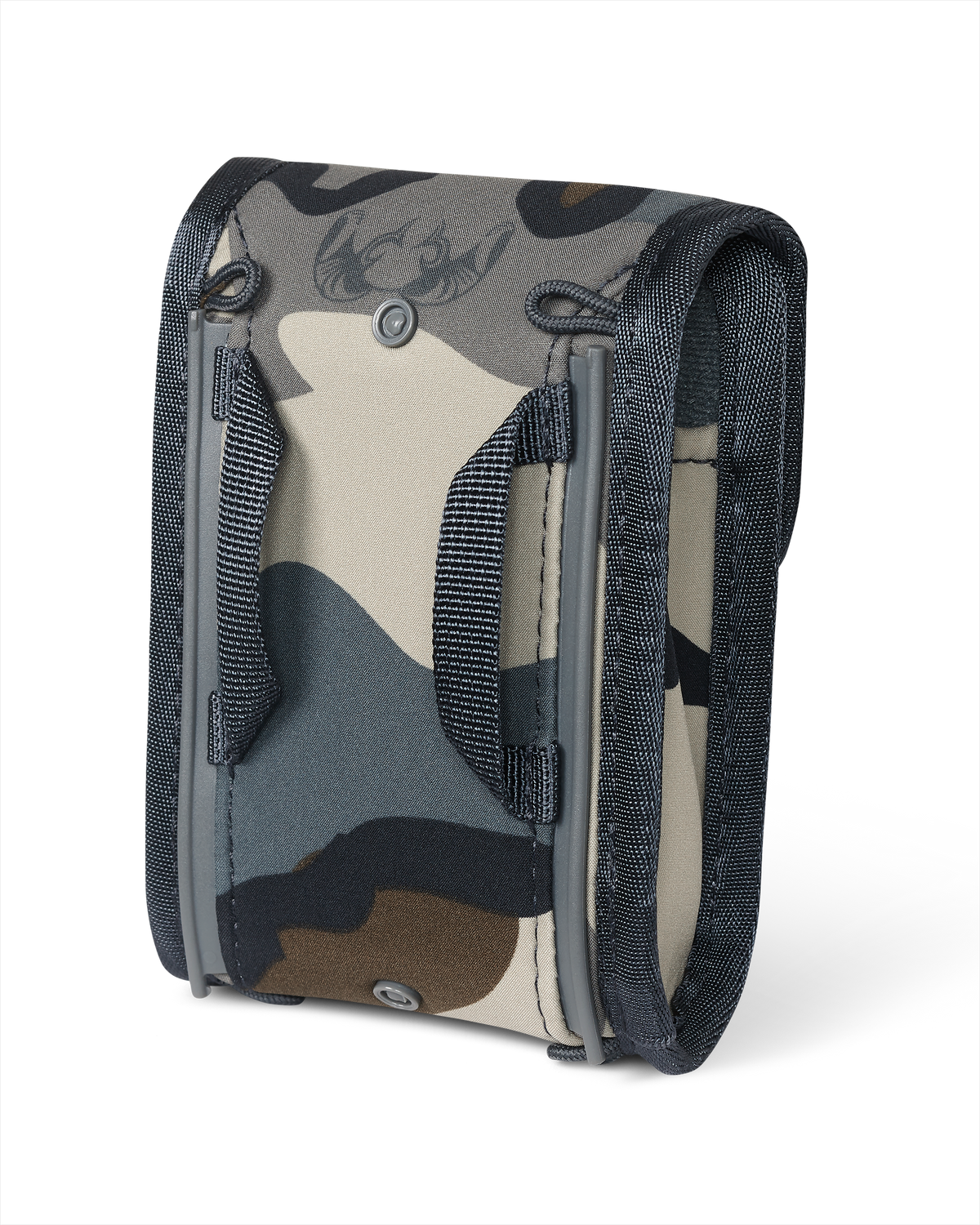Back of PRO G3 Rangefinder Holder in Vias Camouflage, Highlighting webbing loops and lanyard connection loops