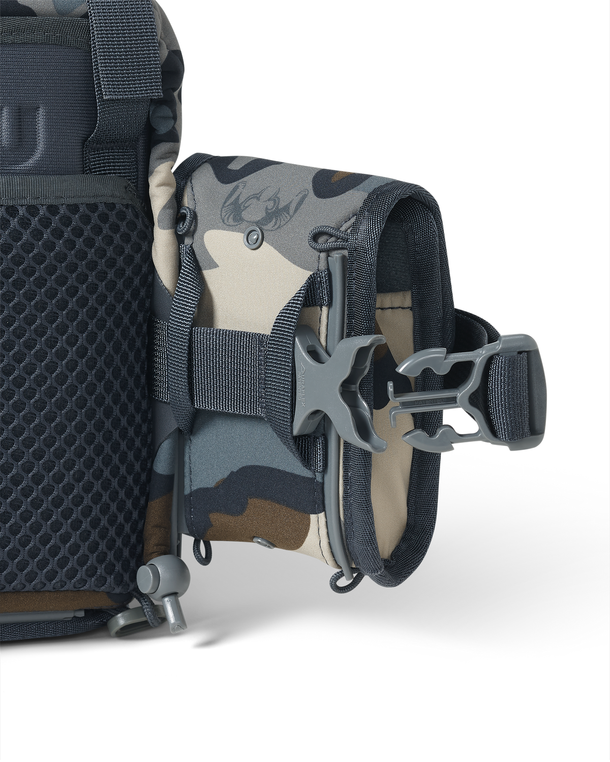 Extended quick-detach buckle on KUIU PRO G3 Bino Harness and Rangefinder Holder in Vias Camouflage with Rail-Lock connection system