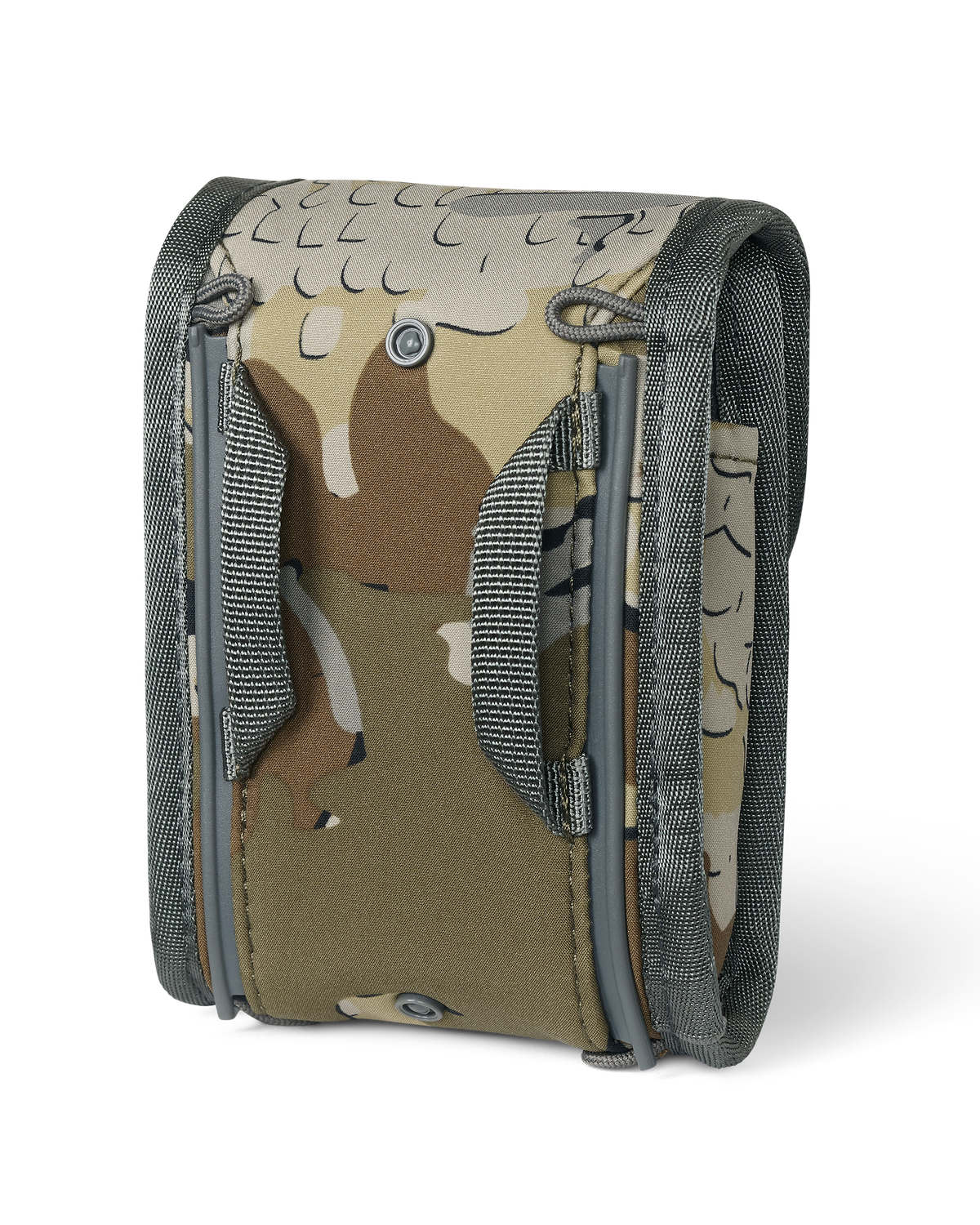 Back of PRO G3 Rangefinder Holder in Valo Camouflage, Highlighting webbing loops and lanyard connection loops